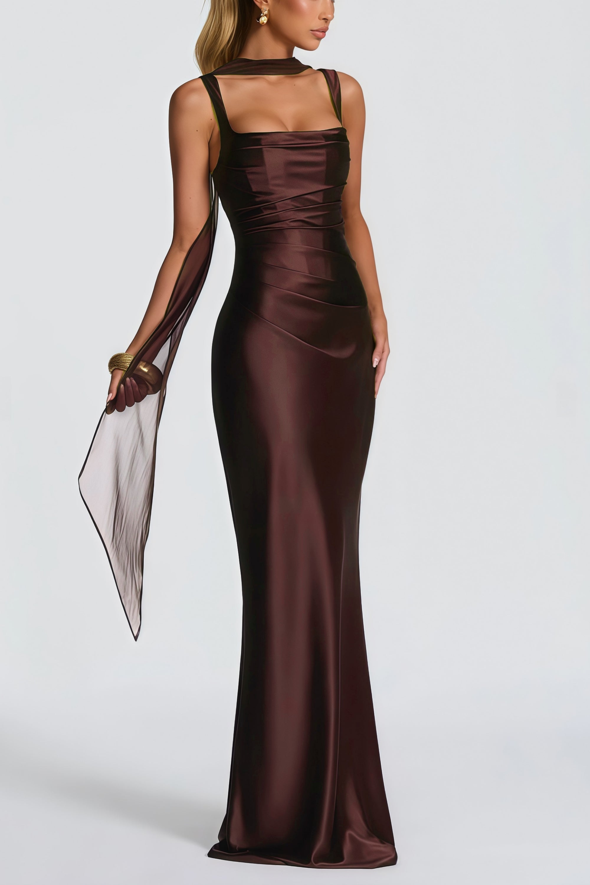 Inmaculada Brown Ruched Satin Maxi Dress (Without Gloves)