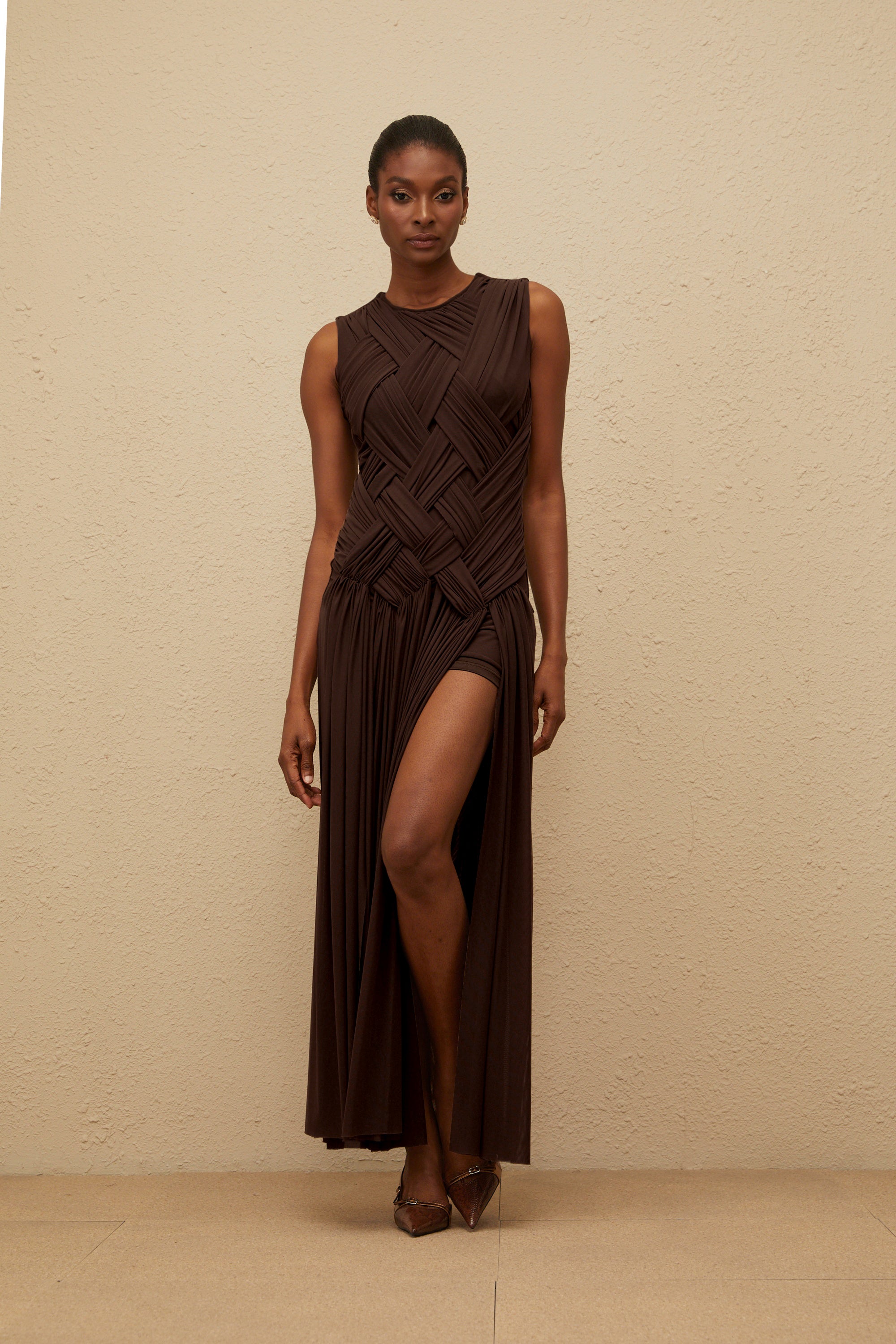 Daphné Brown Asymmetrical Braided Tulle Midi Dress (Final Sale-US Only)