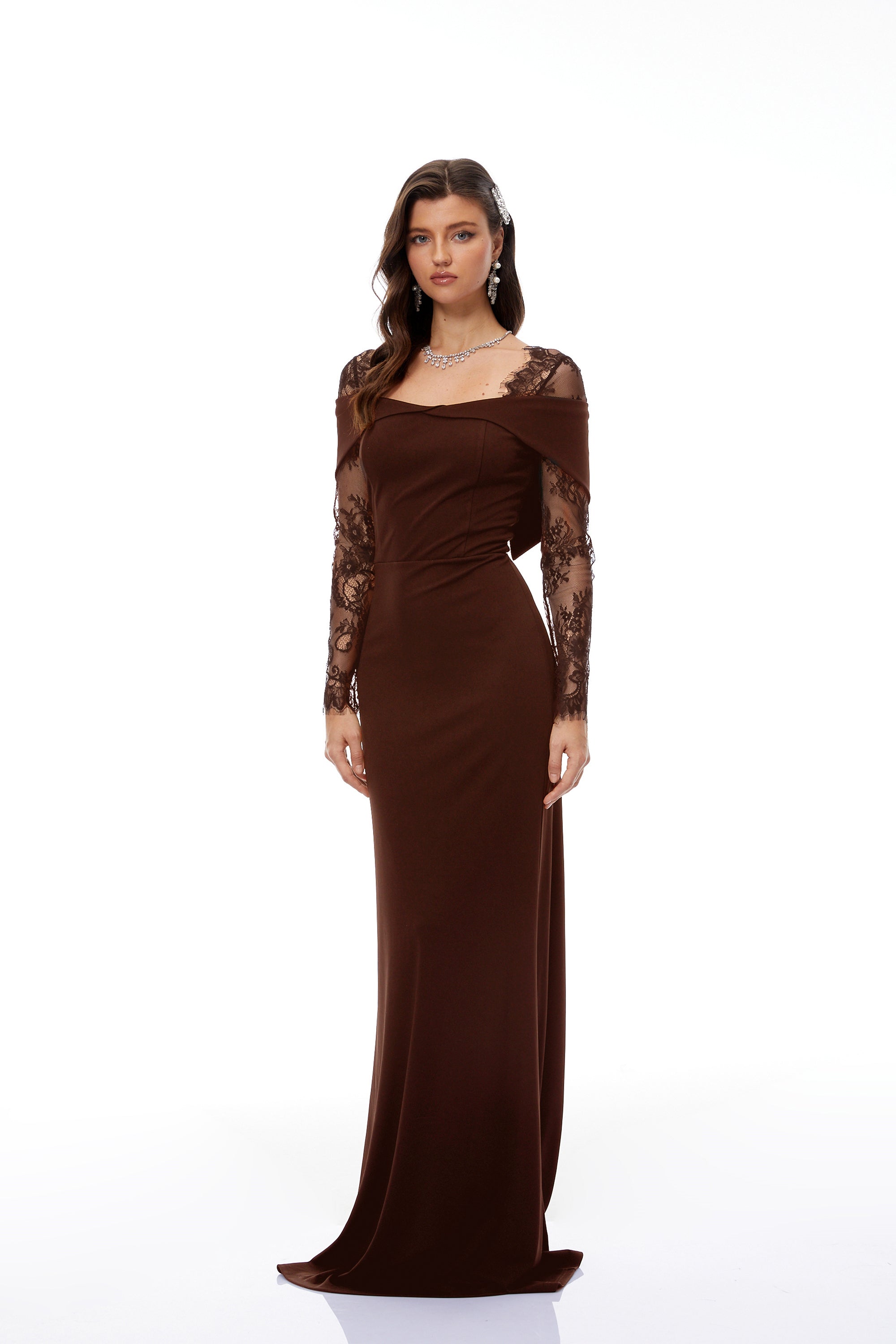  Lace Panel Flared Maxi Gown