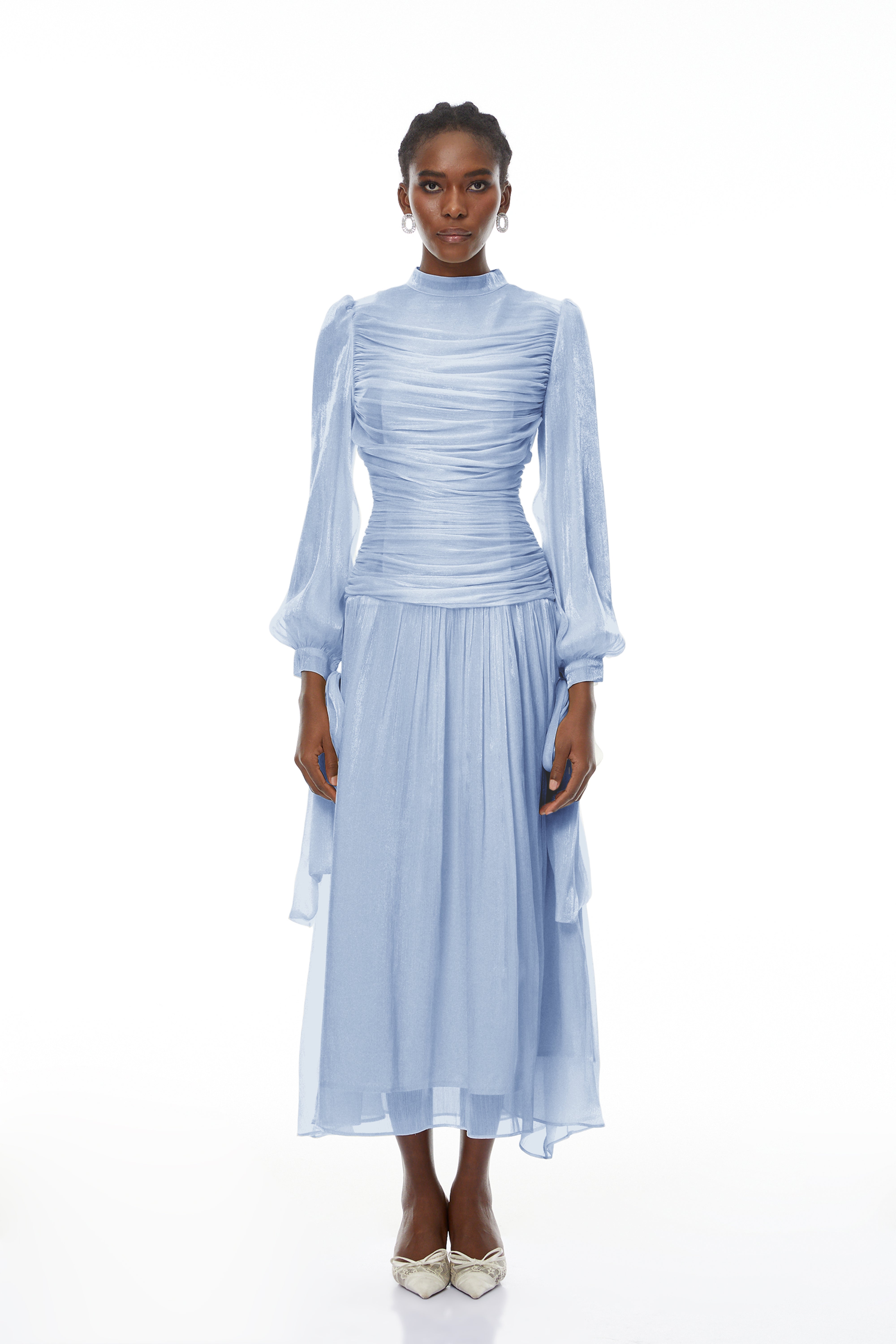 Katrín Blue Glossy Gathered Maxi Dress (Final Sale-US Only)