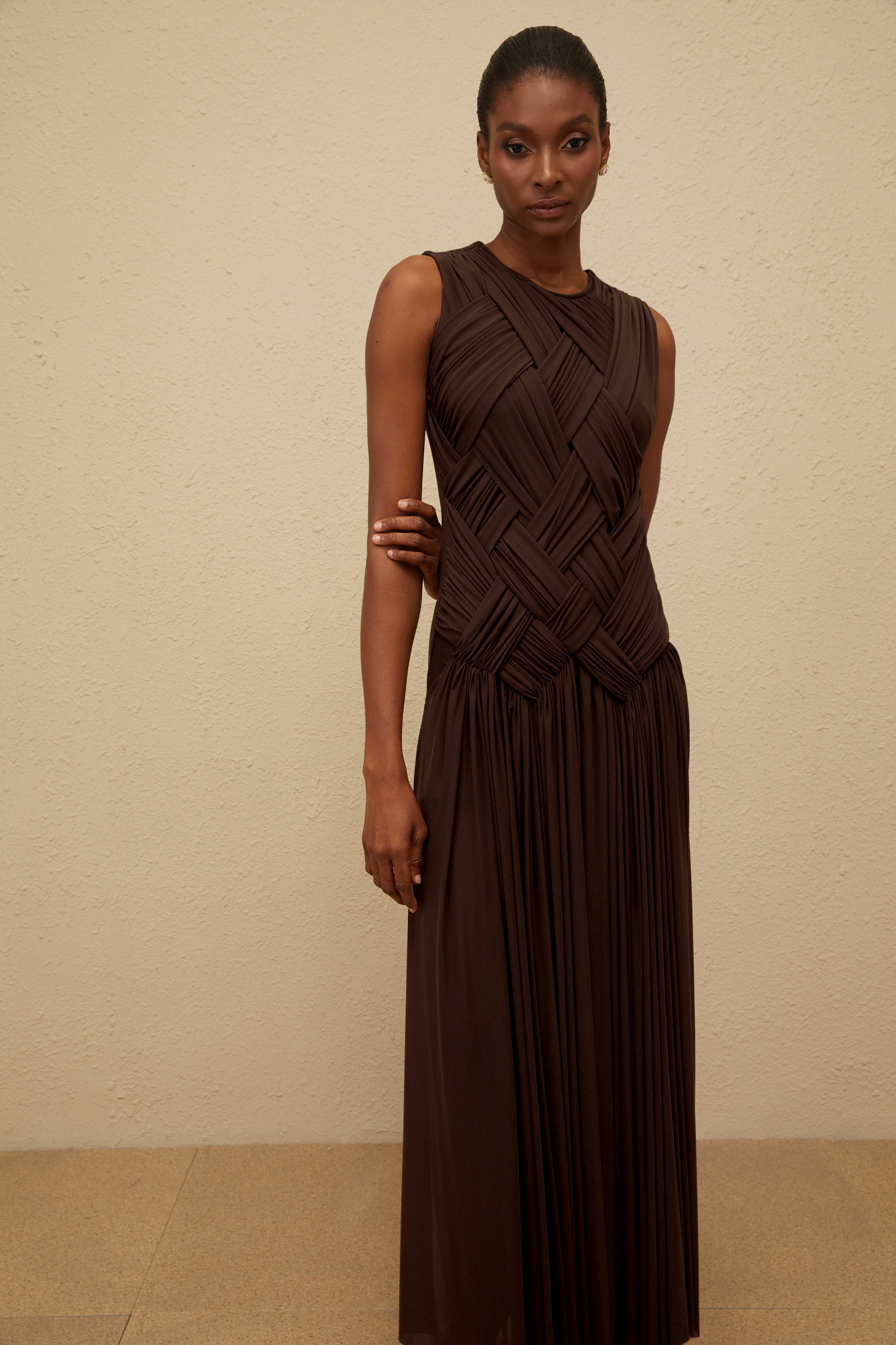 Daphné Brown Asymmetrical Braided Tulle Midi Dress (Final Sale-US Only)