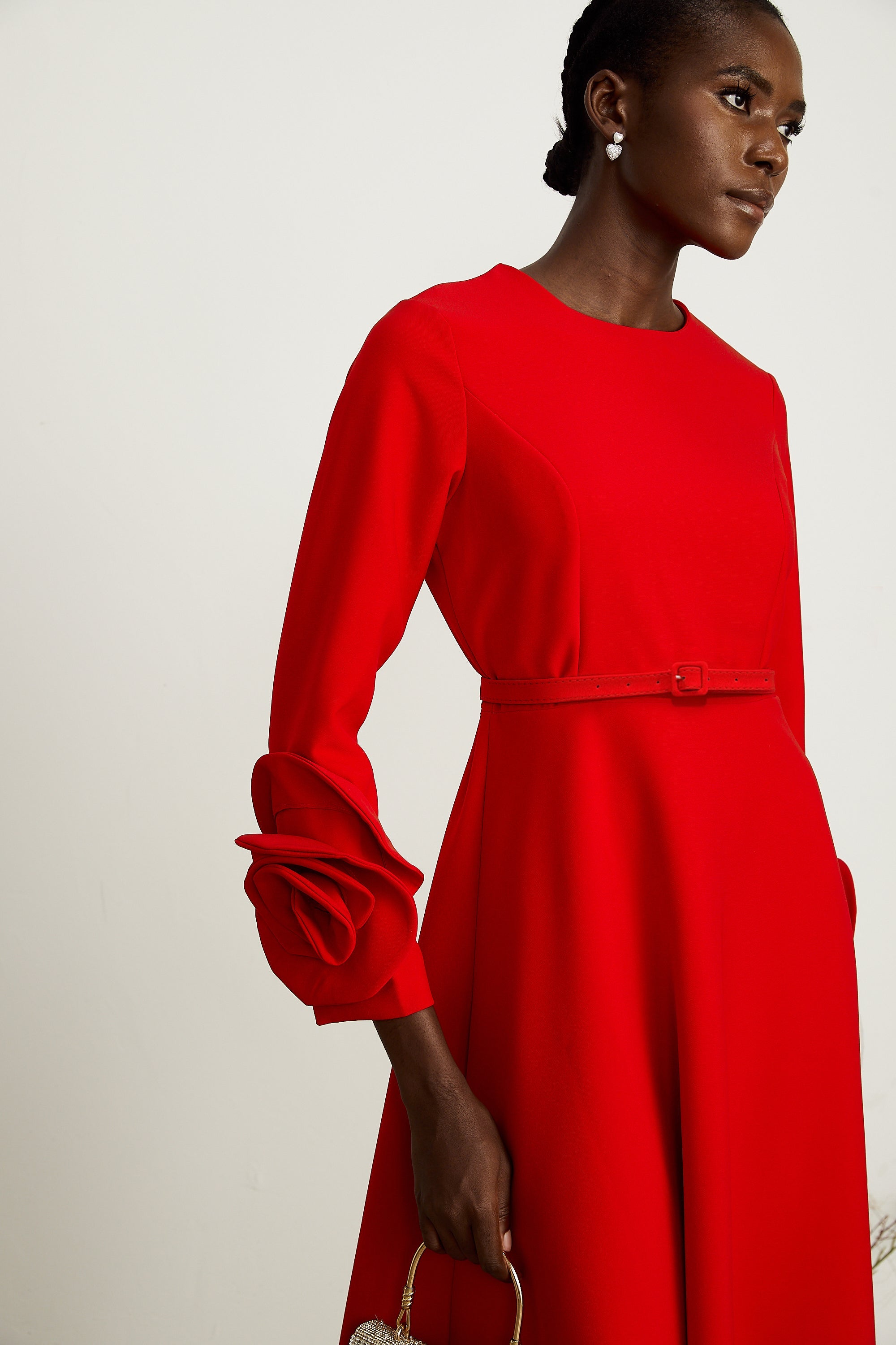Aurelia red long-sleeve dress with floral embellishments (Final Sale)