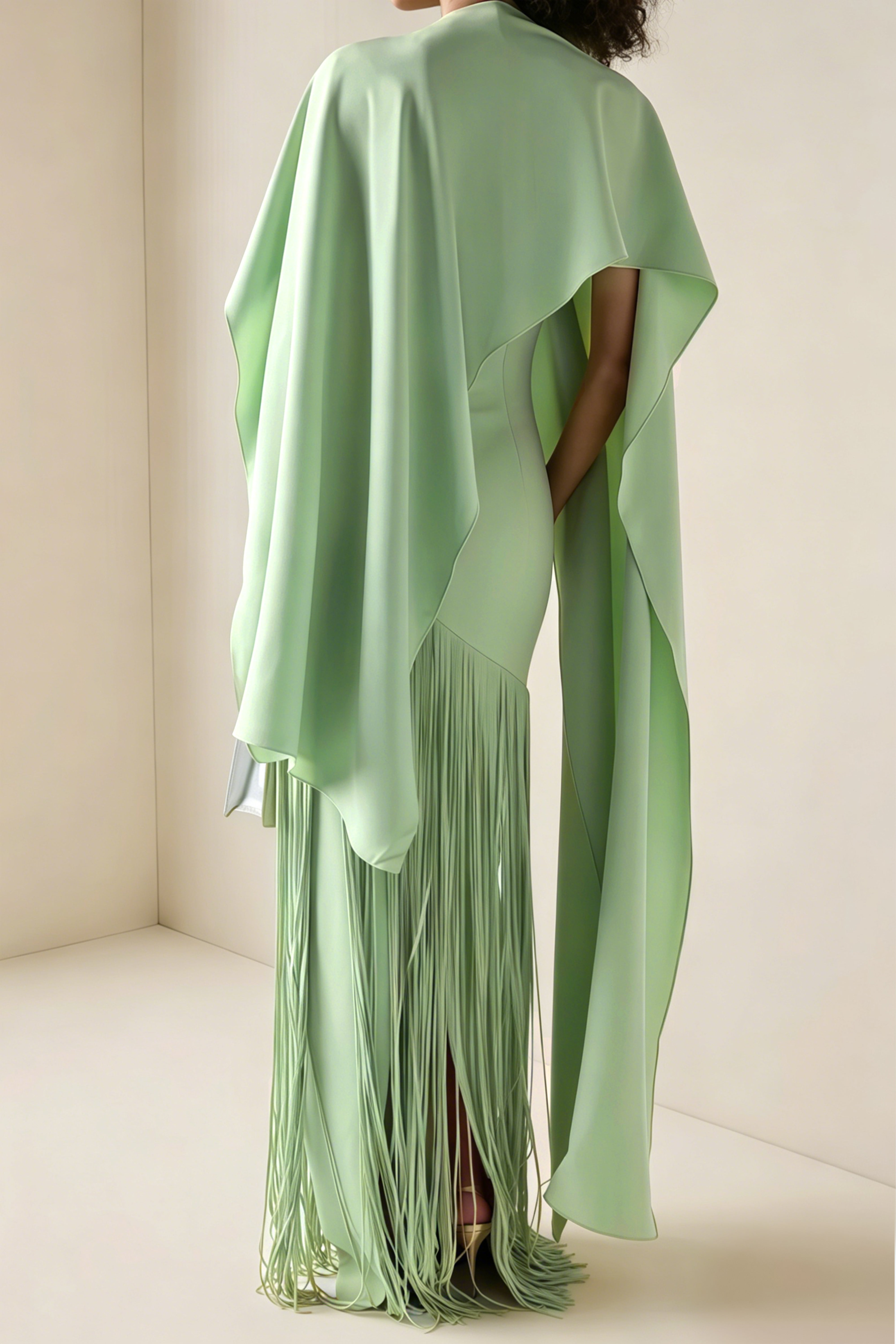 Mint Green Cape Maxi Dress with Long Fringe Skirt and Asymmetrical Hem