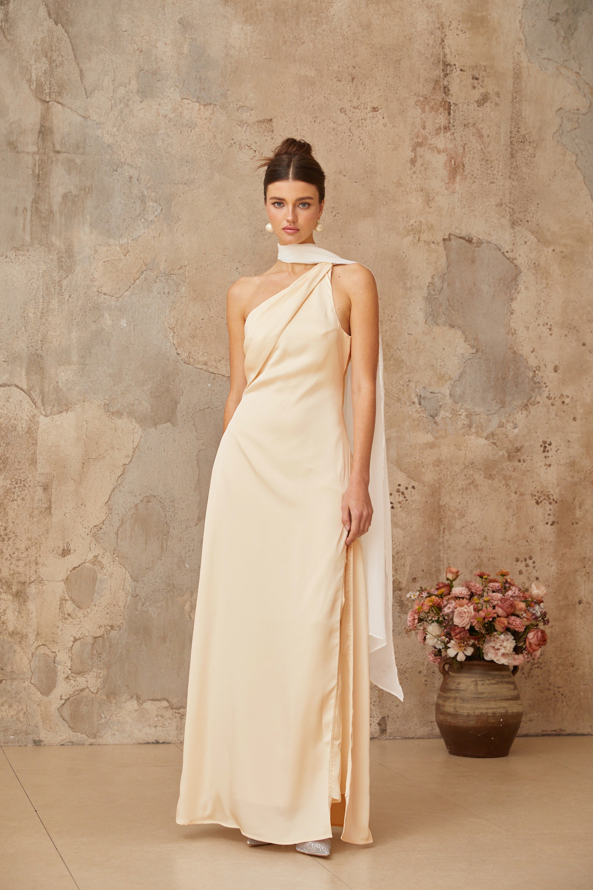 Thérèse neutral scarf-design satin maxi dress (Final Sale)