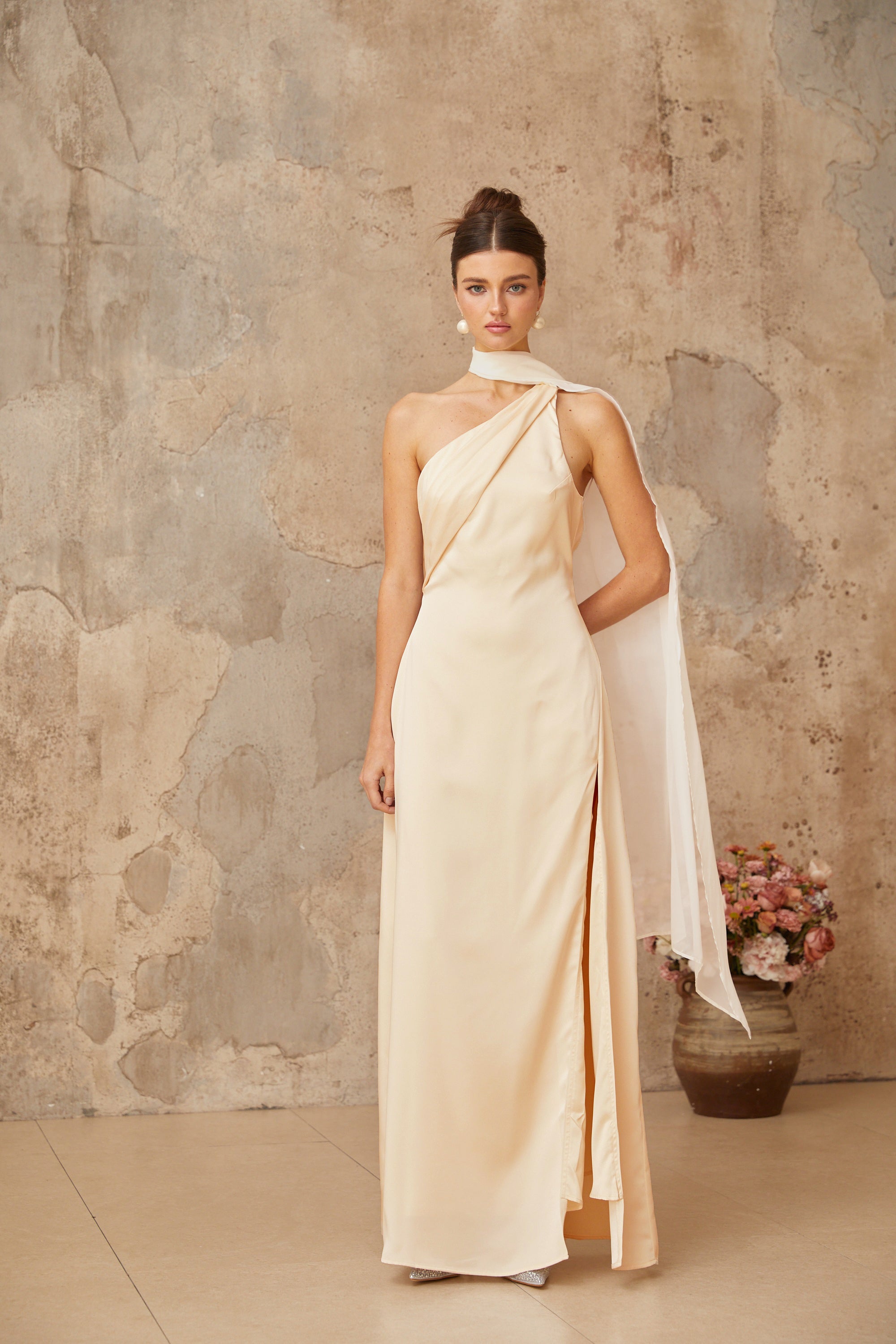 Thérèse neutral scarf-design satin maxi dress (Final Sale)