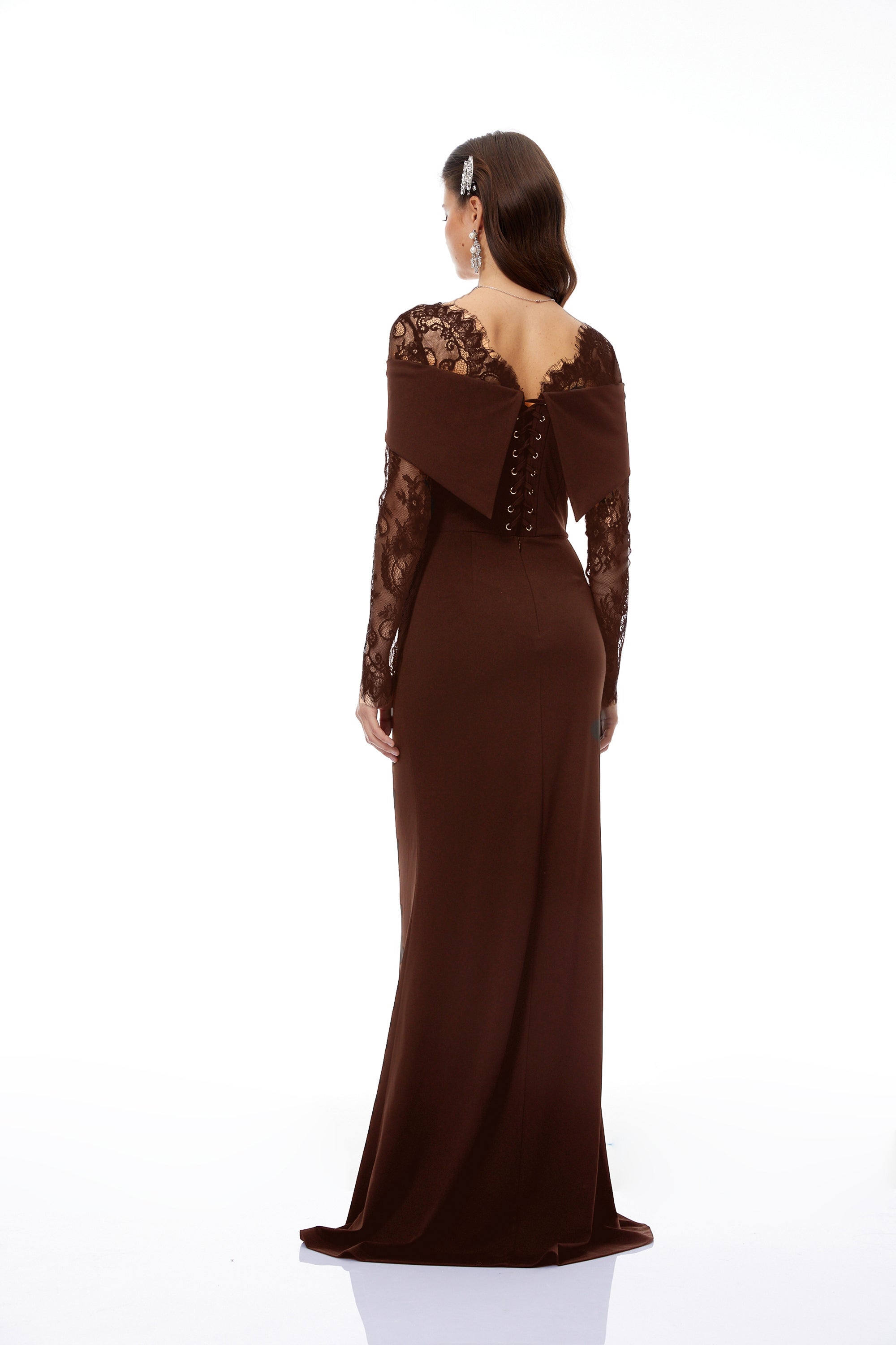  Lace Panel Flared Maxi Gown