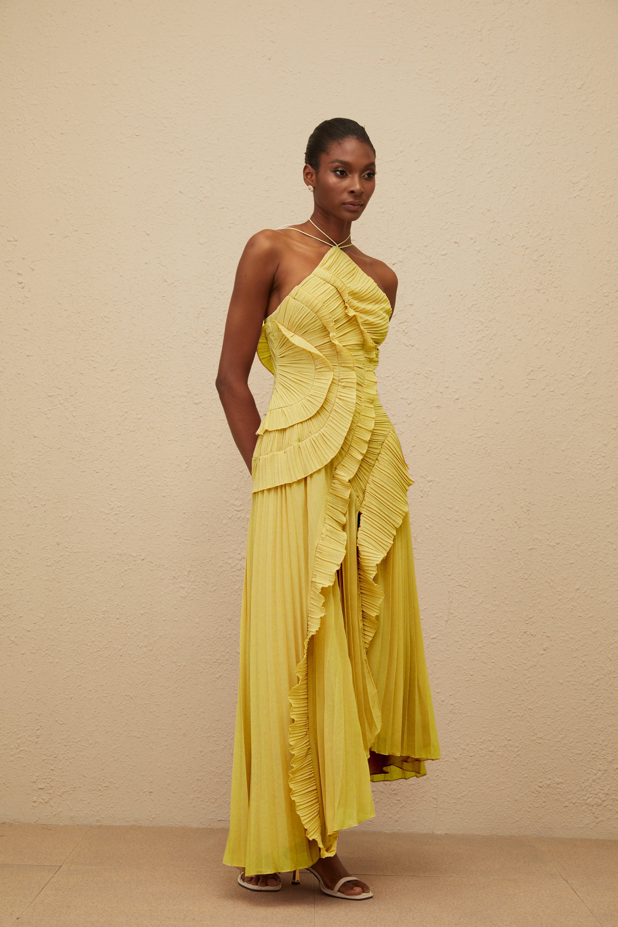 Doux Yellow Ruffled Trim Pleated Midi Dress (Final Sale)