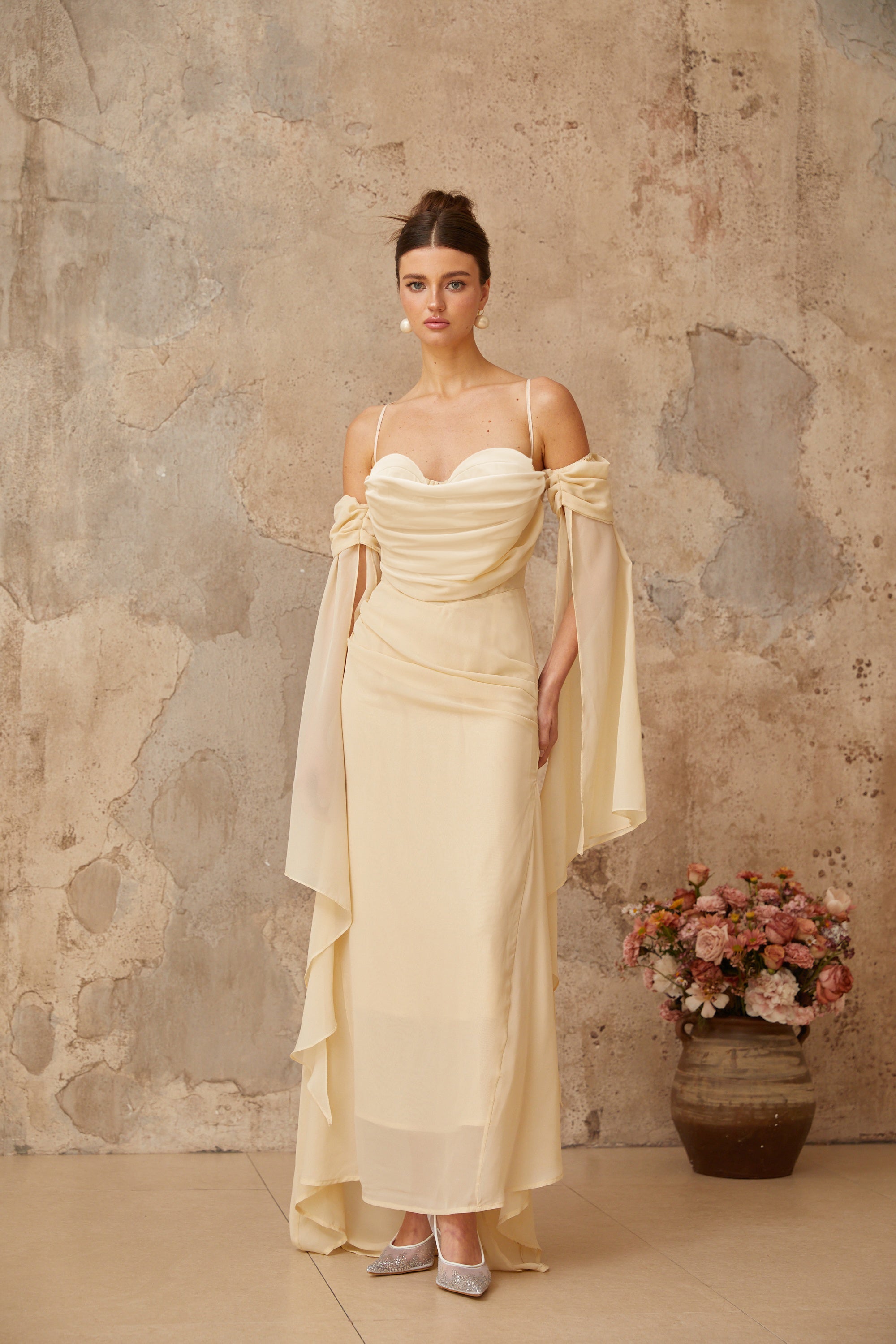 Robe longue en mousseline à volants Mélusine (Vente définitive - États-Unis uniquement)