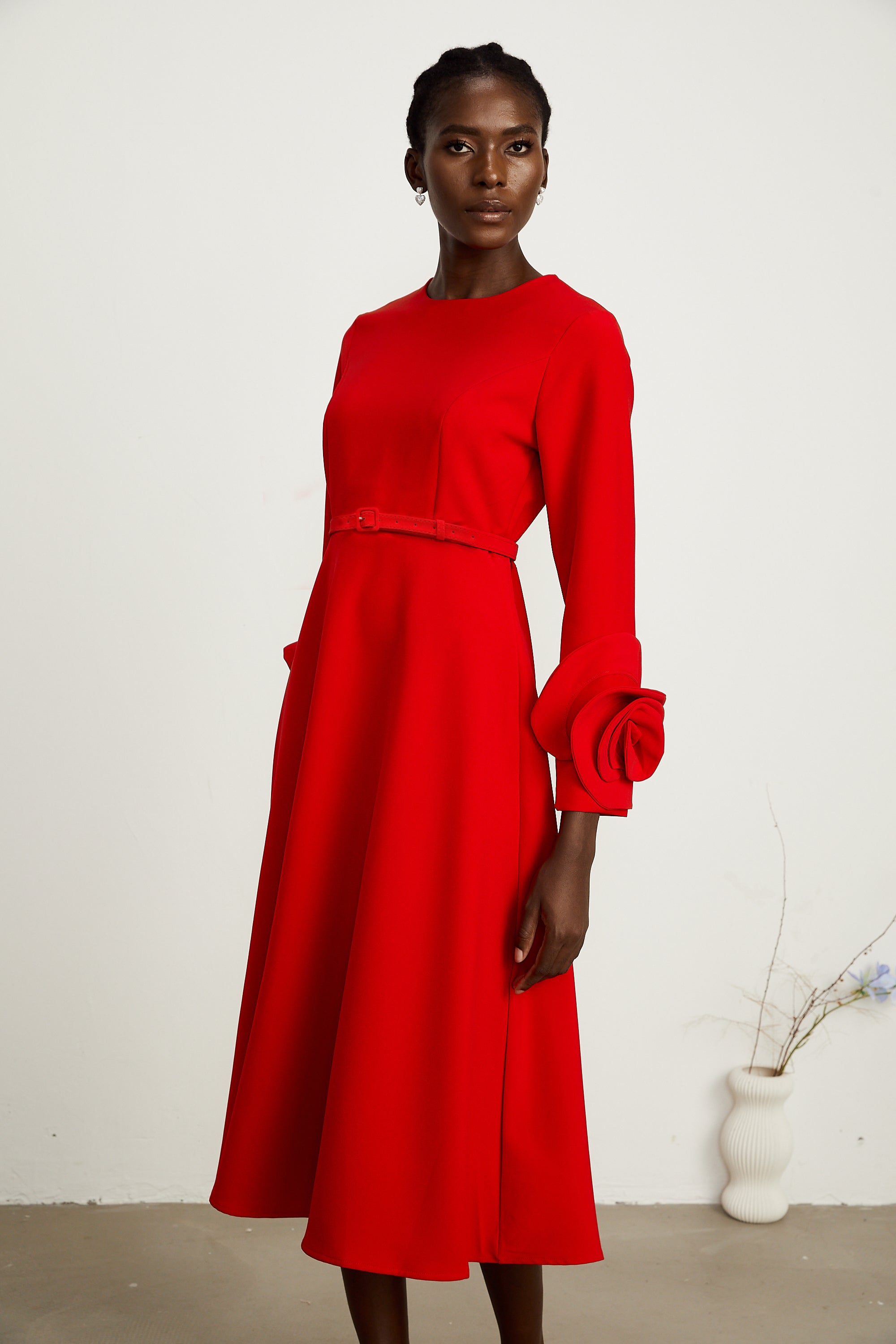 Aurelia red long-sleeve dress with floral embellishments (Final Sale-US Only)