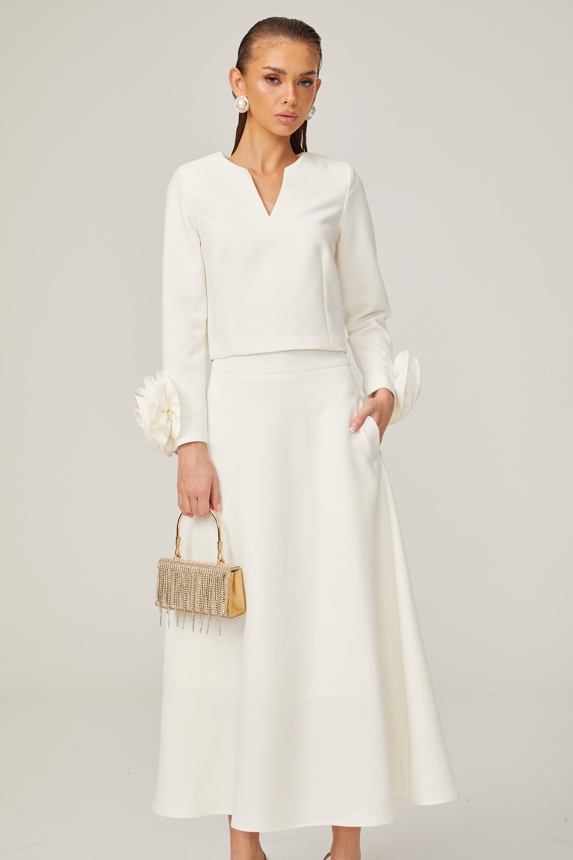 Hilaire white 3d-petal top & skirt matching set (Final Sale-US Only)