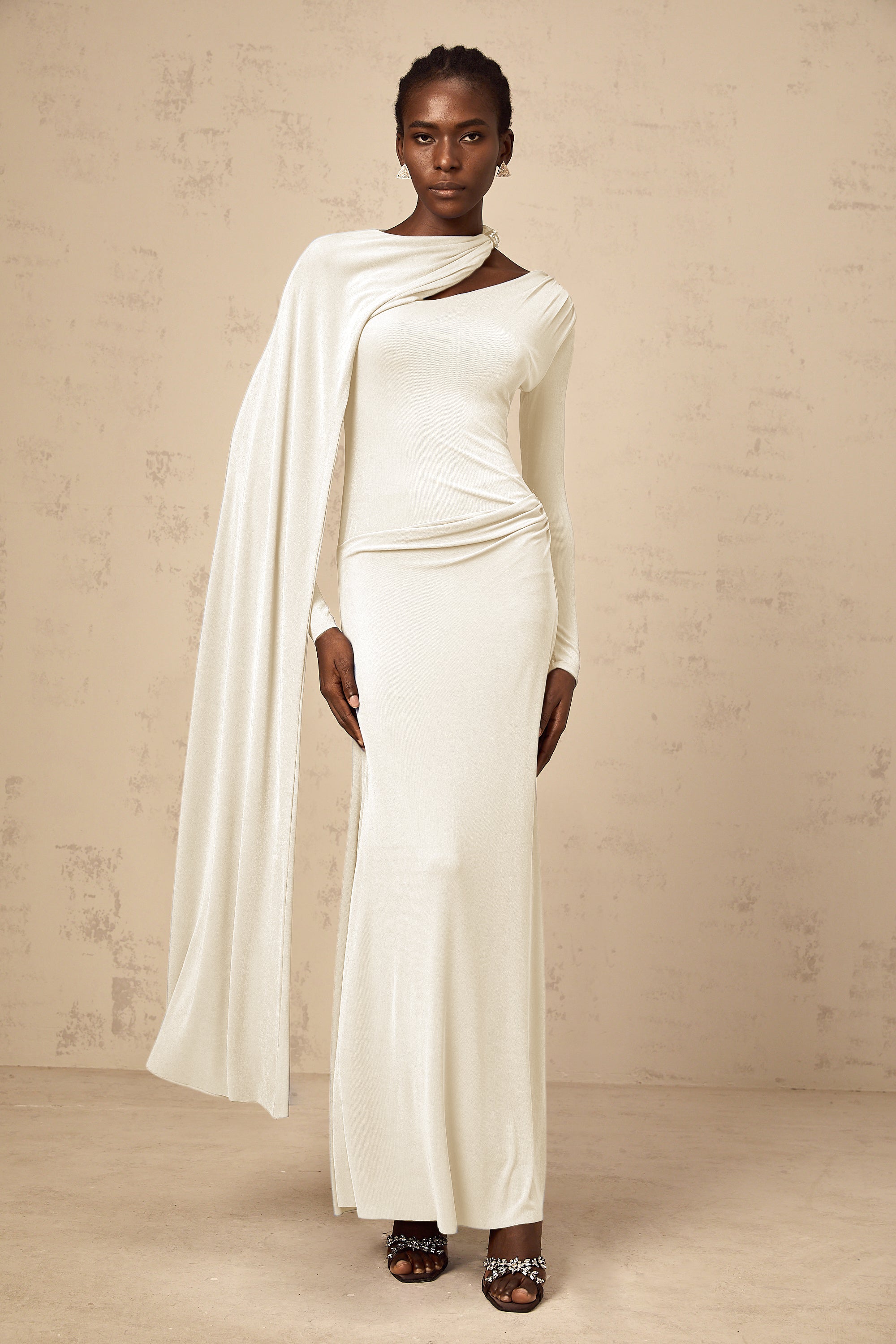 Josette White Diagonal Shawl Fitted Maxi Dress (Final Sale)