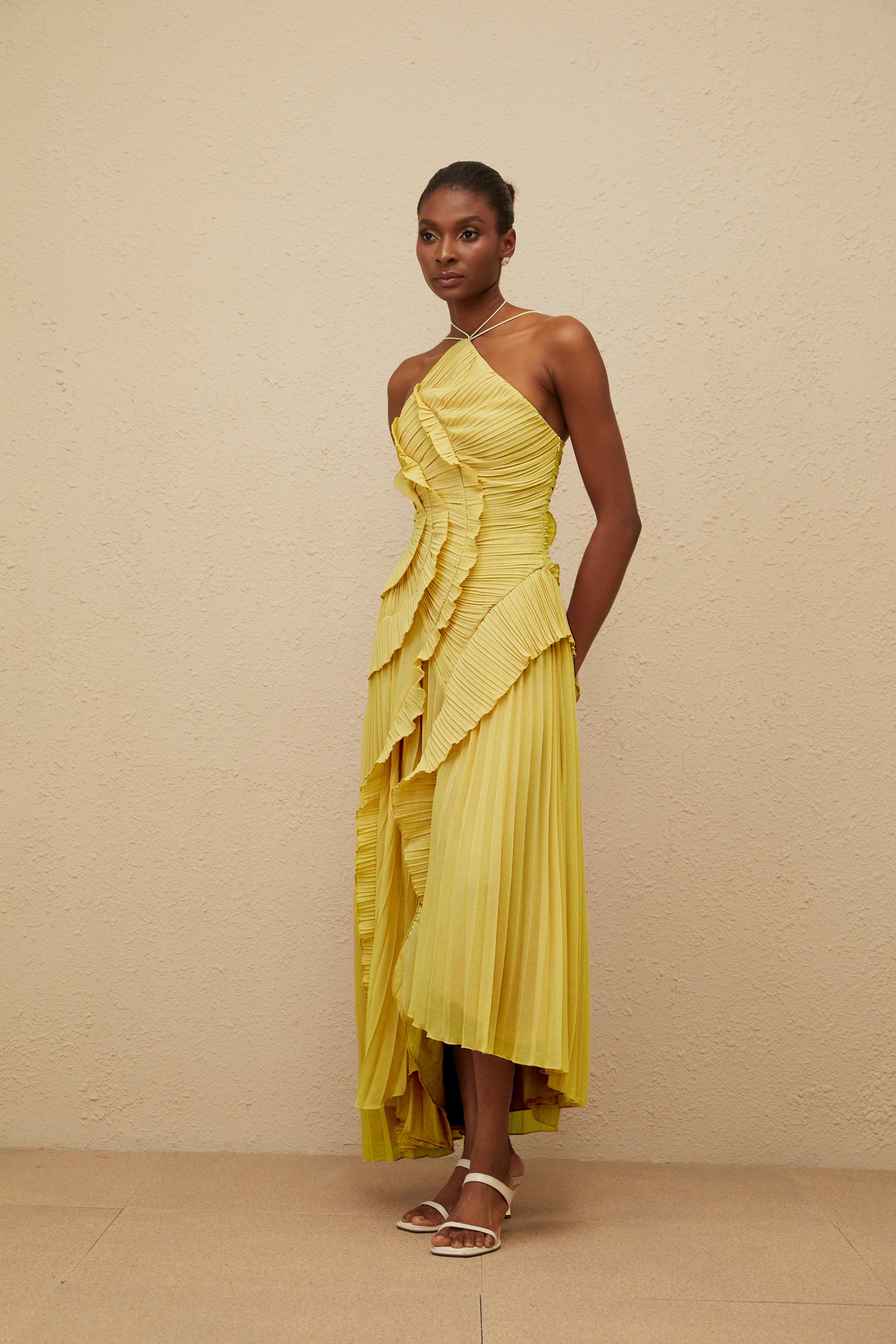 Doux Yellow Ruffled Trim Pleated Midi Dress (Final Sale)