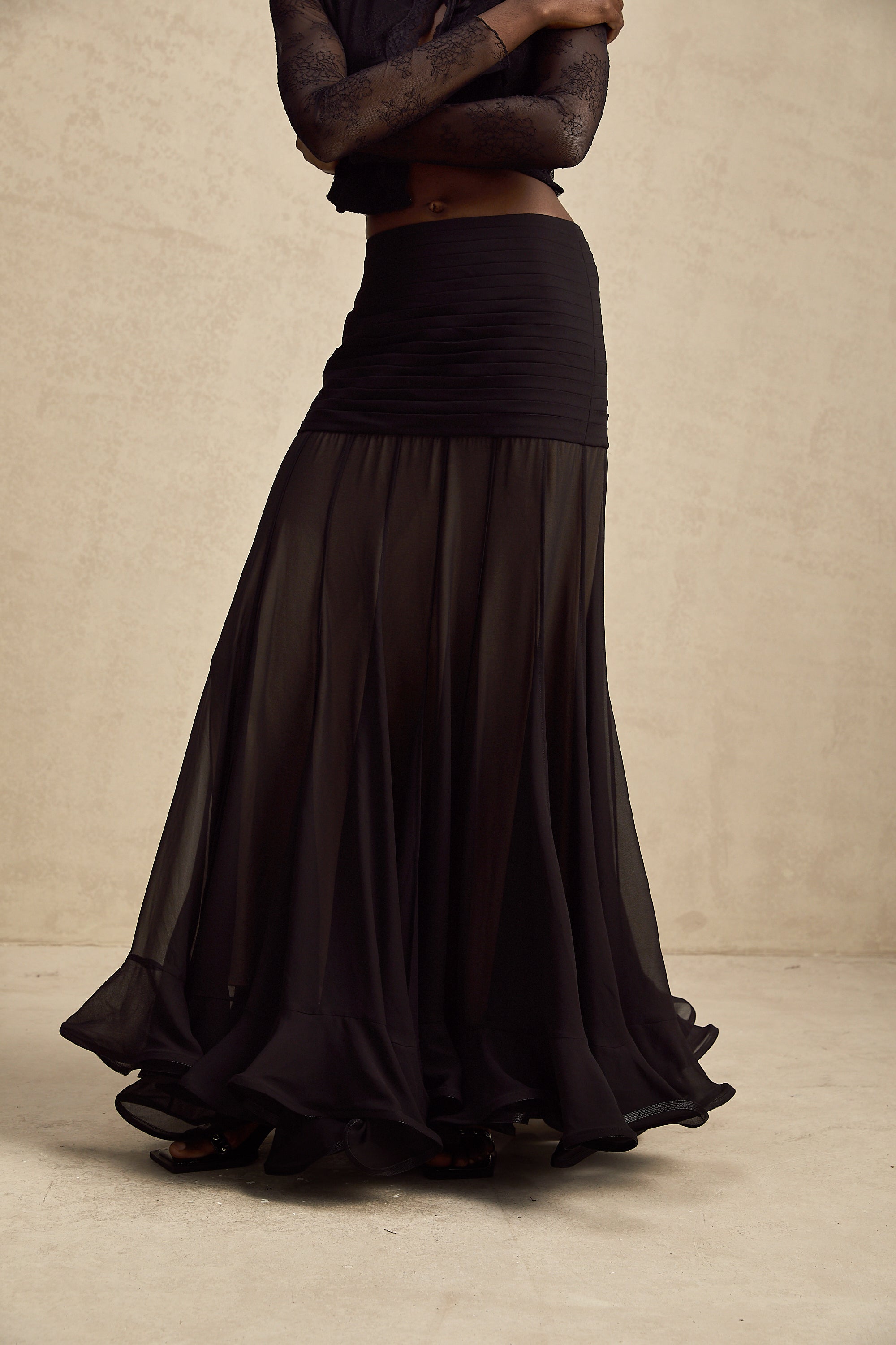 Jacqueline rayon ruffle pleated tulle maxi skirt (Final Sale)