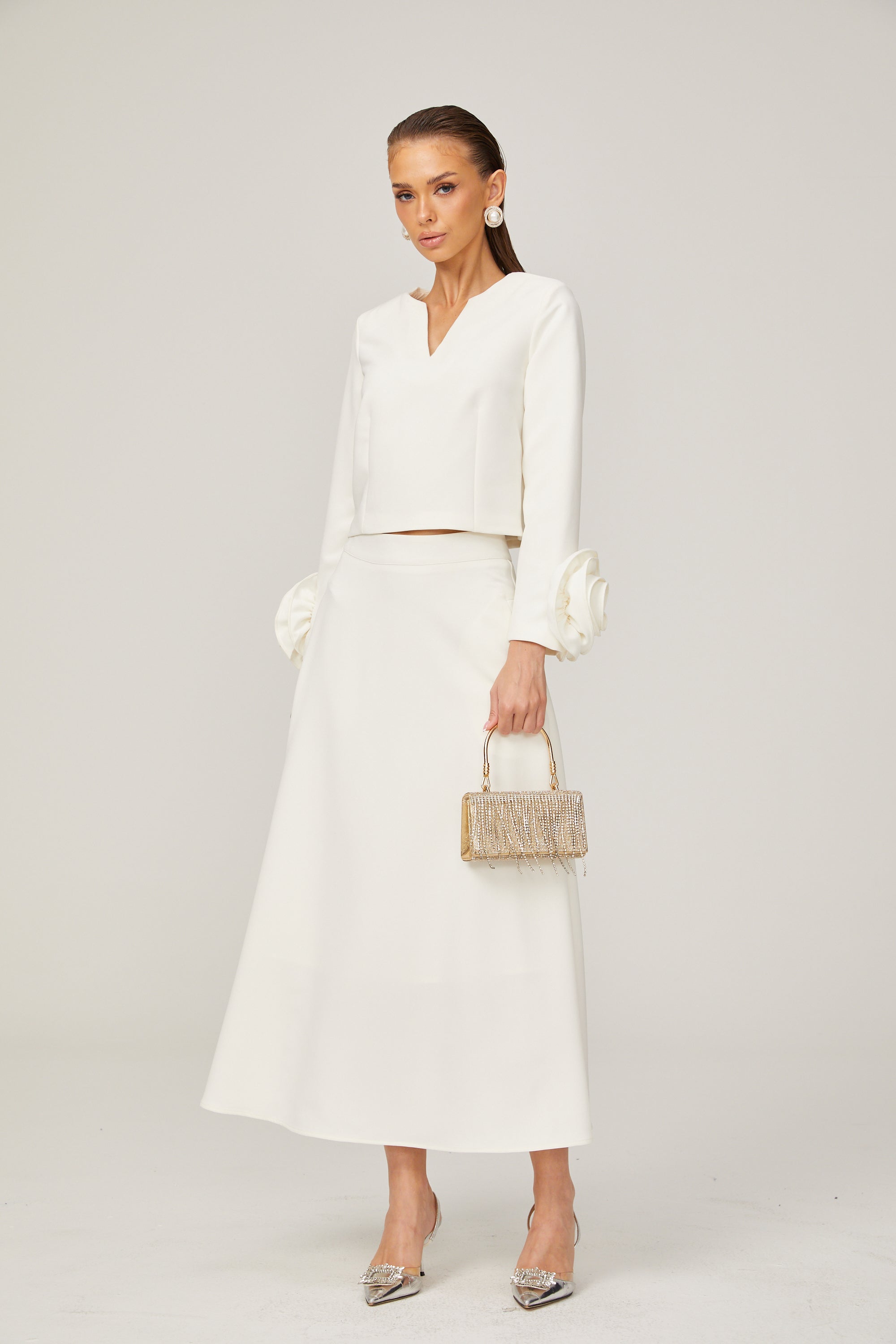 Hilaire white 3d-petal top & skirt matching set (Final Sale)