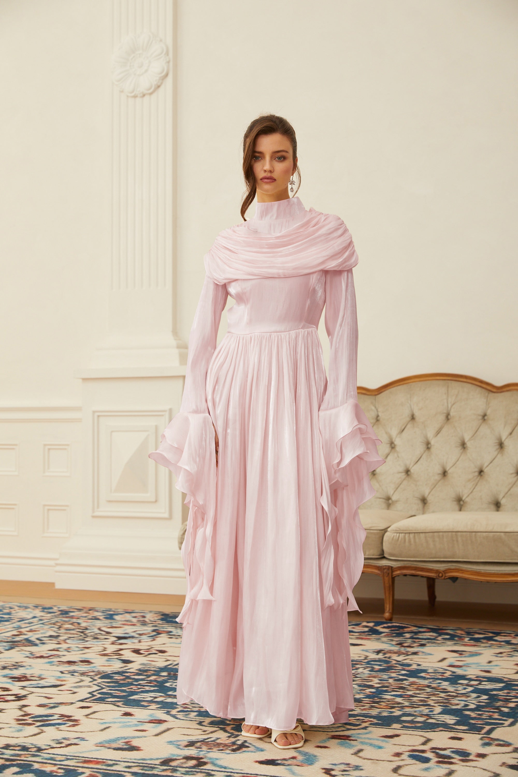 Robe longue plissée à volants Danuta rose