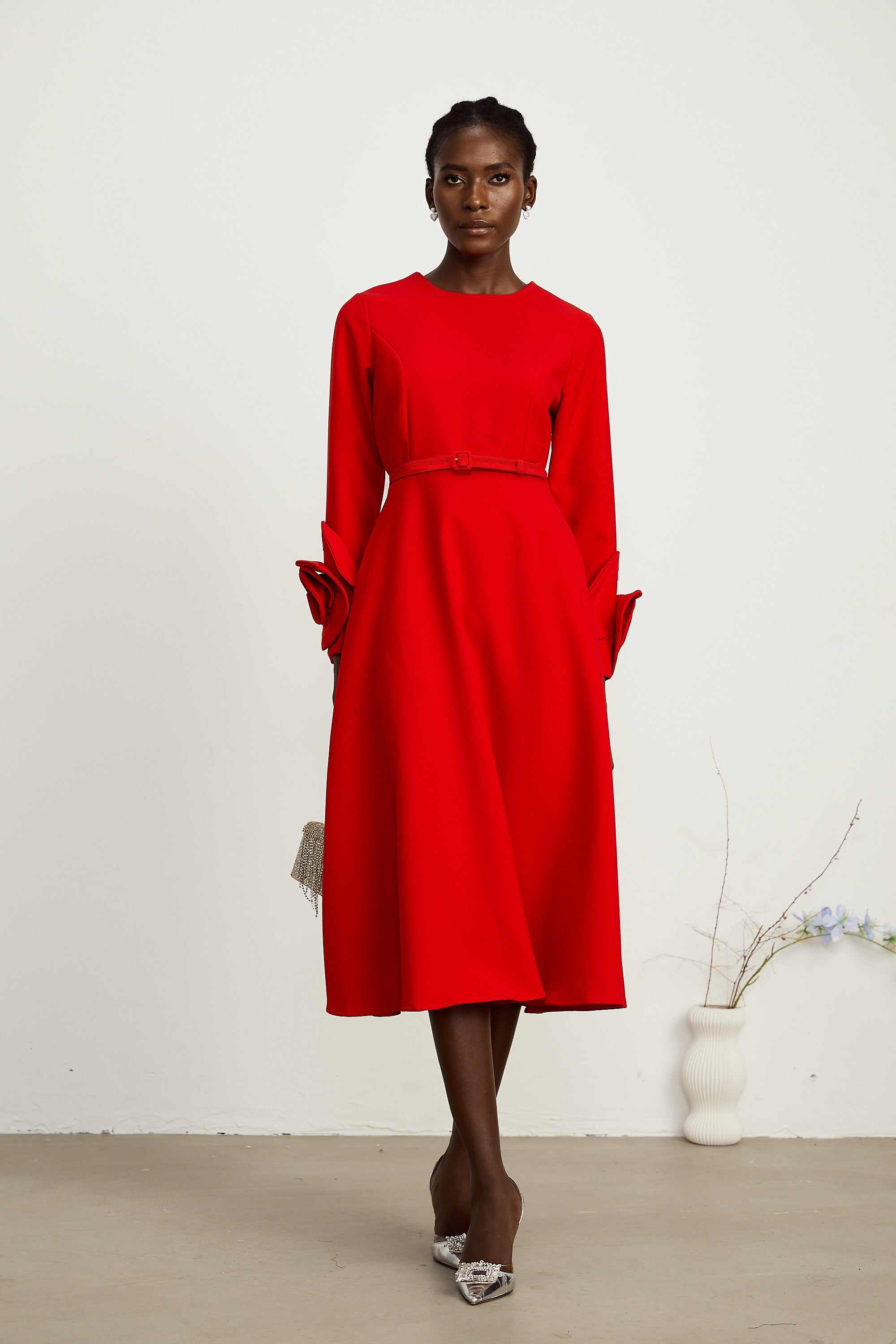 Aurelia red long-sleeve dress with floral embellishments (Final Sale)