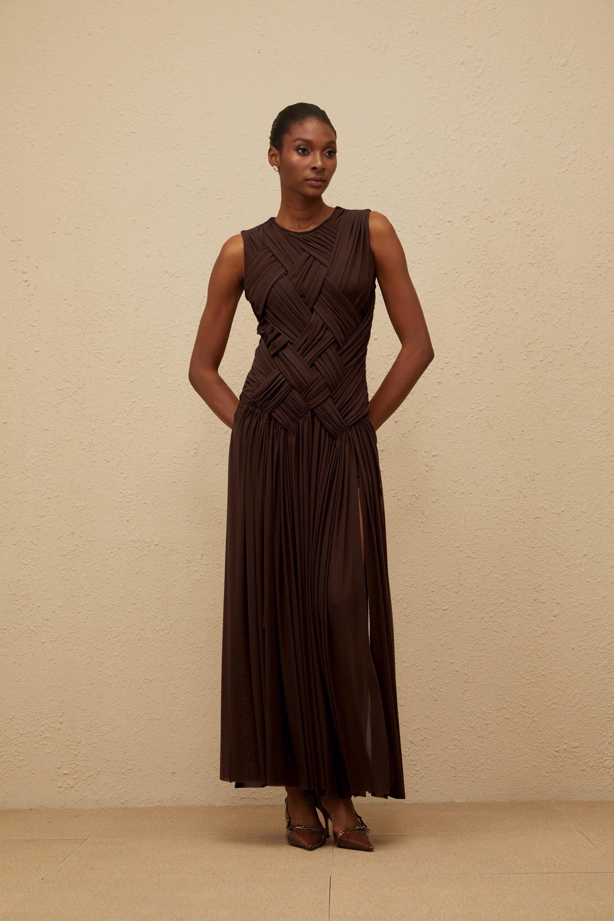 Daphné Brown Asymmetrical Braided Tulle Midi Dress (Final Sale-US Only)
