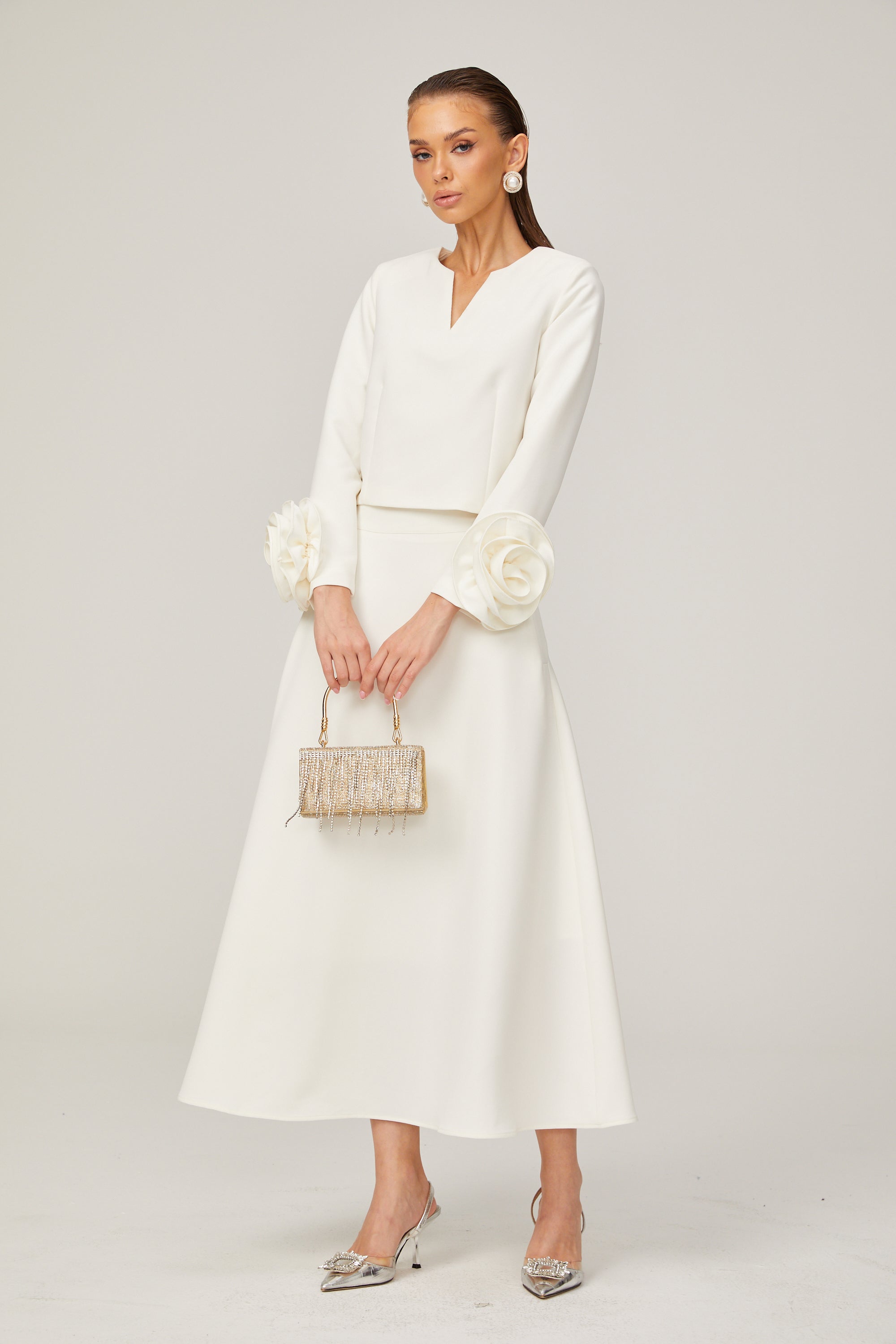 Hilaire white 3d-petal top & skirt matching set (Final Sale-US Only)