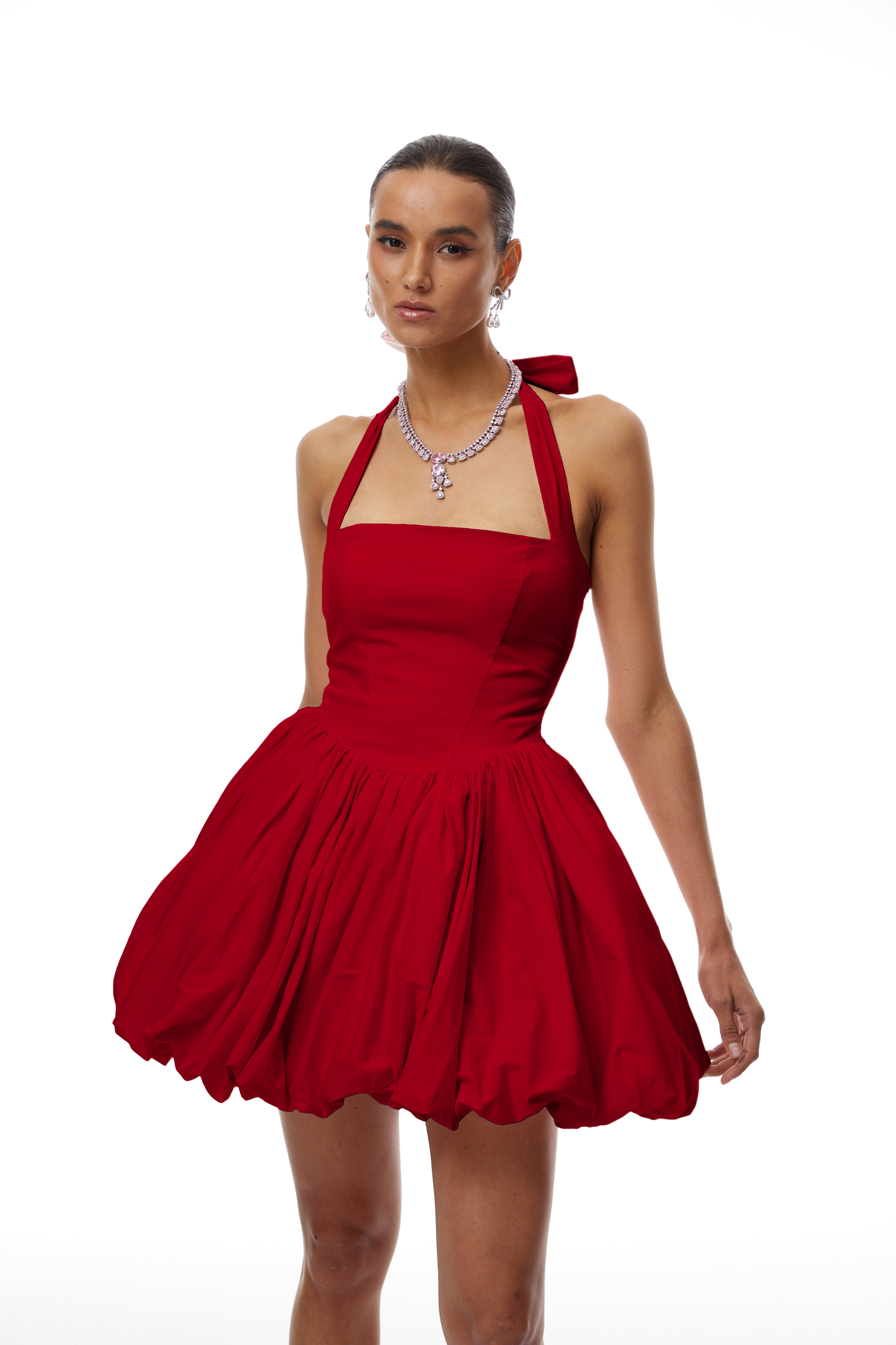 Anaelle Red Shirred Puffball Mini Dress (Final Sale-US Only)