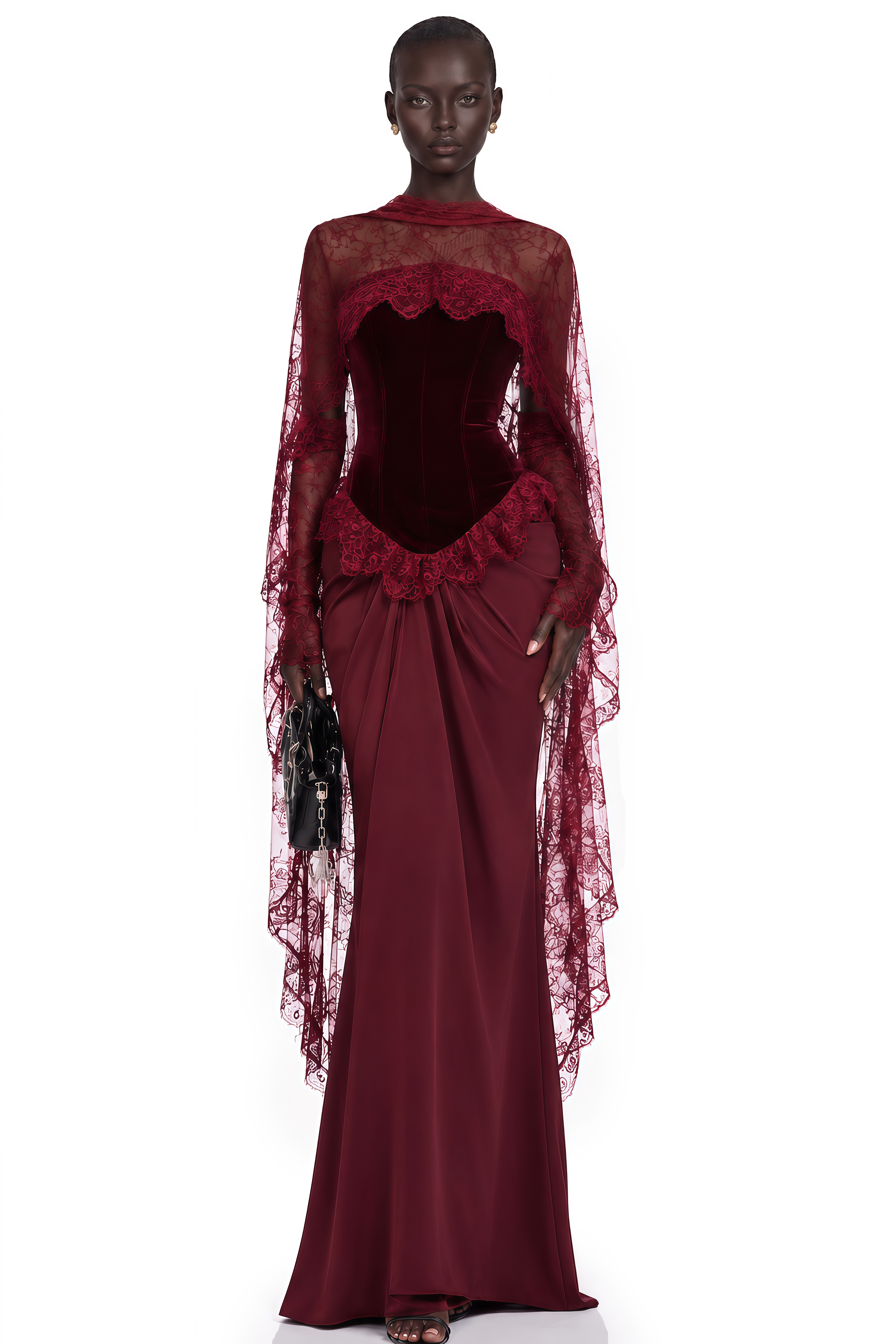 Seraphina Red Floral Lace Maxi Dress with Cape