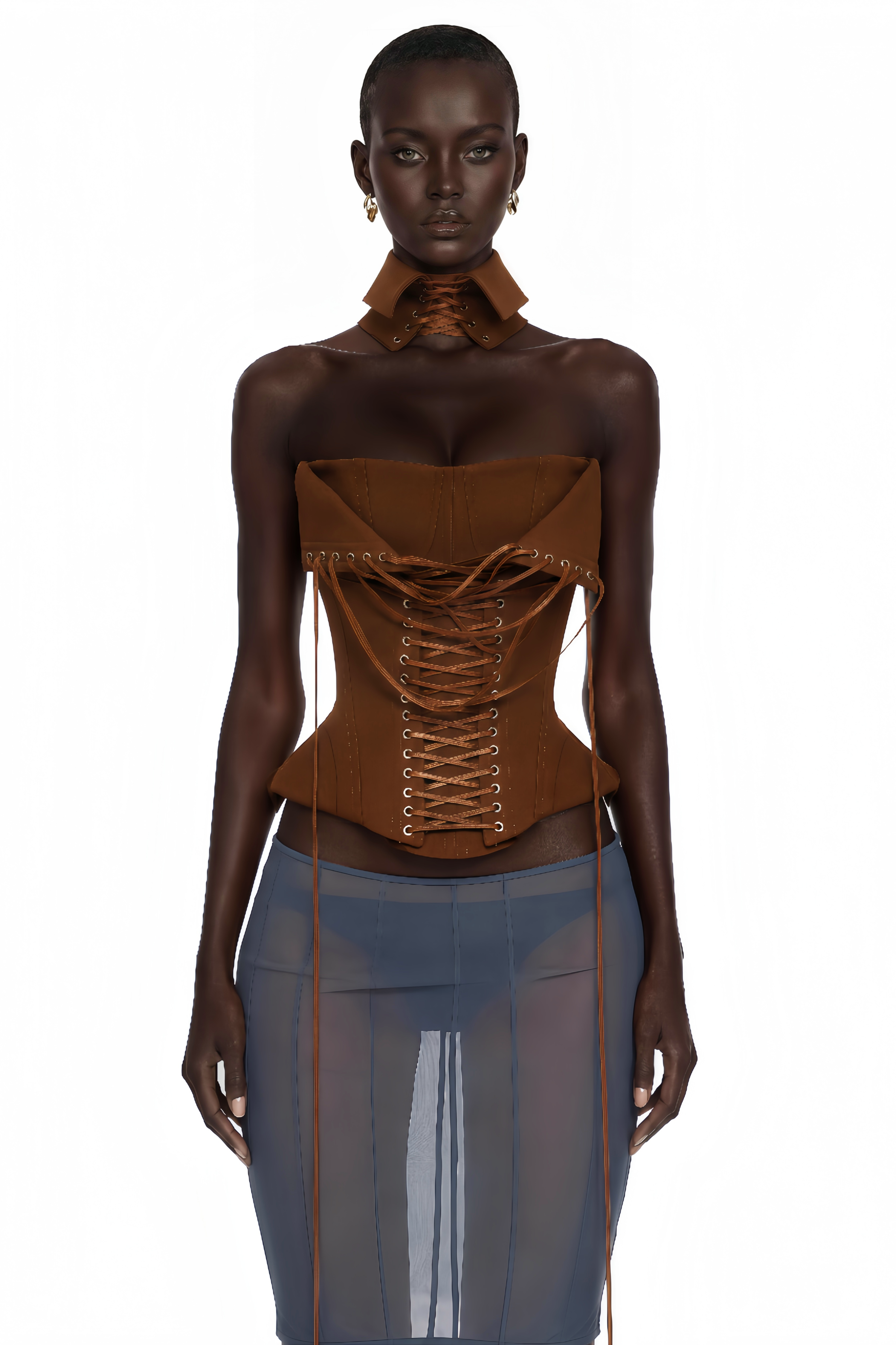 Indre Brown Lace Up Corset Crop Top