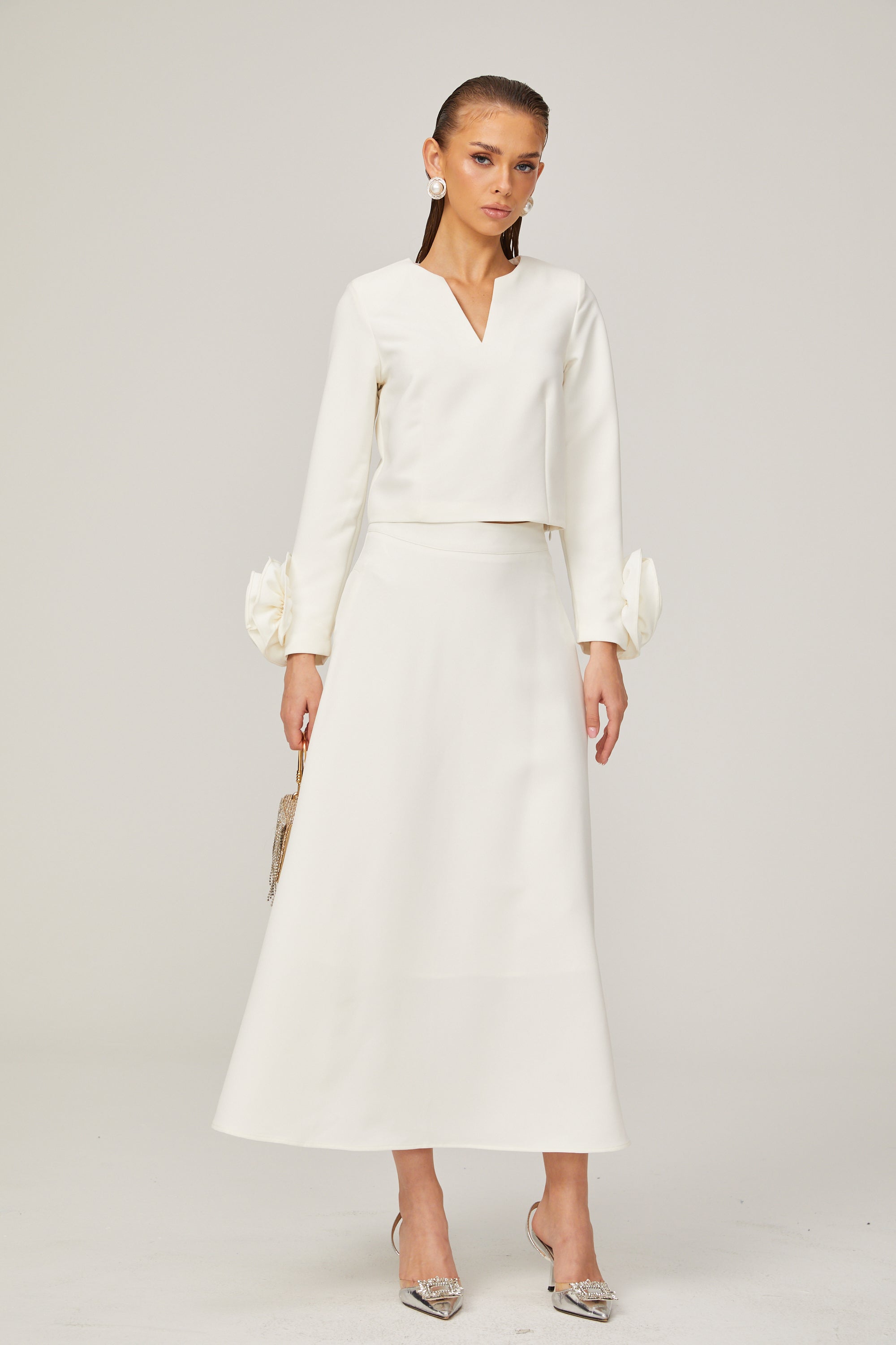 Hilaire white 3d-petal top & skirt matching set (Final Sale-US Only)