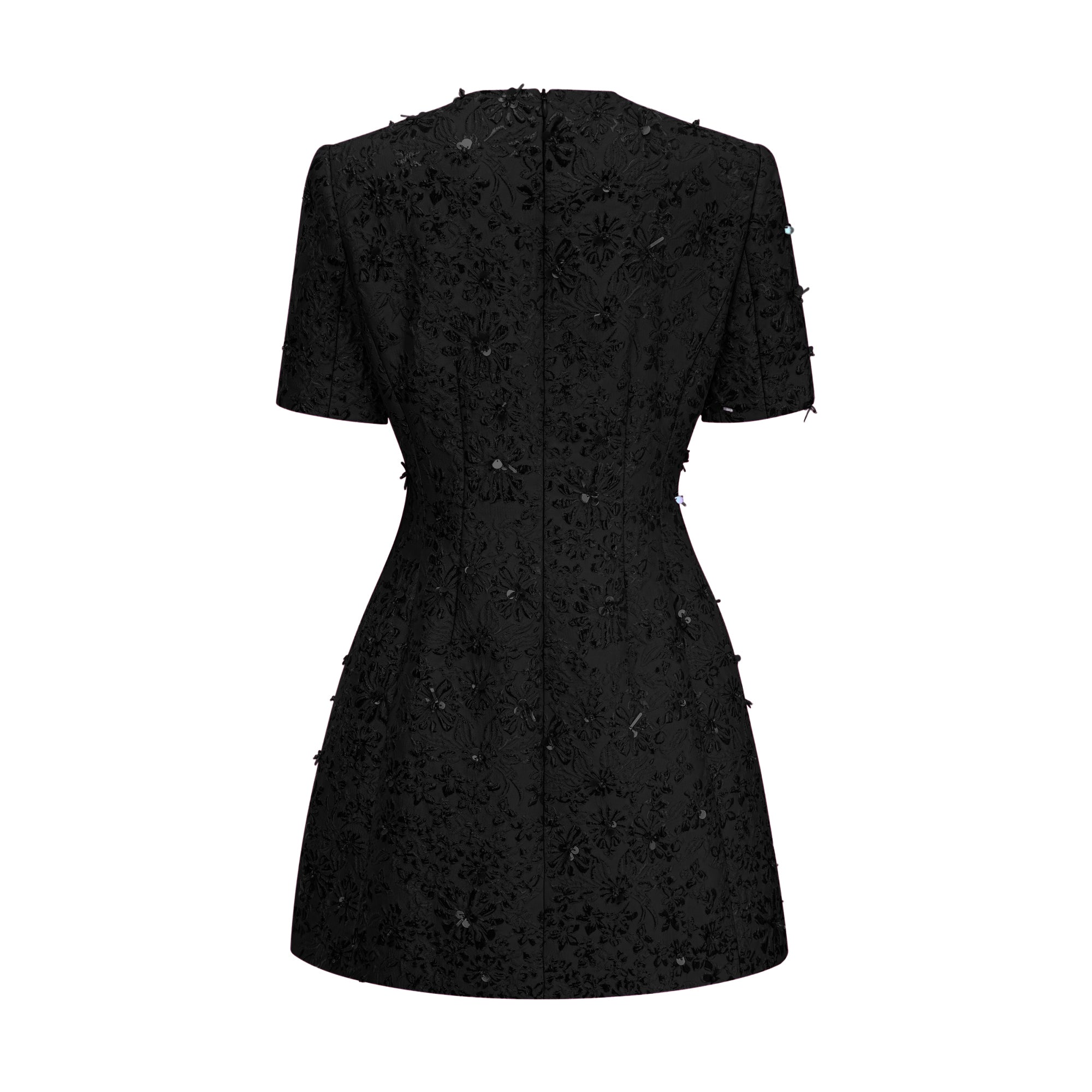 Mini-robe Celestia noire ornée d'appliqués floraux (Vente définitive - États-Unis uniquement)