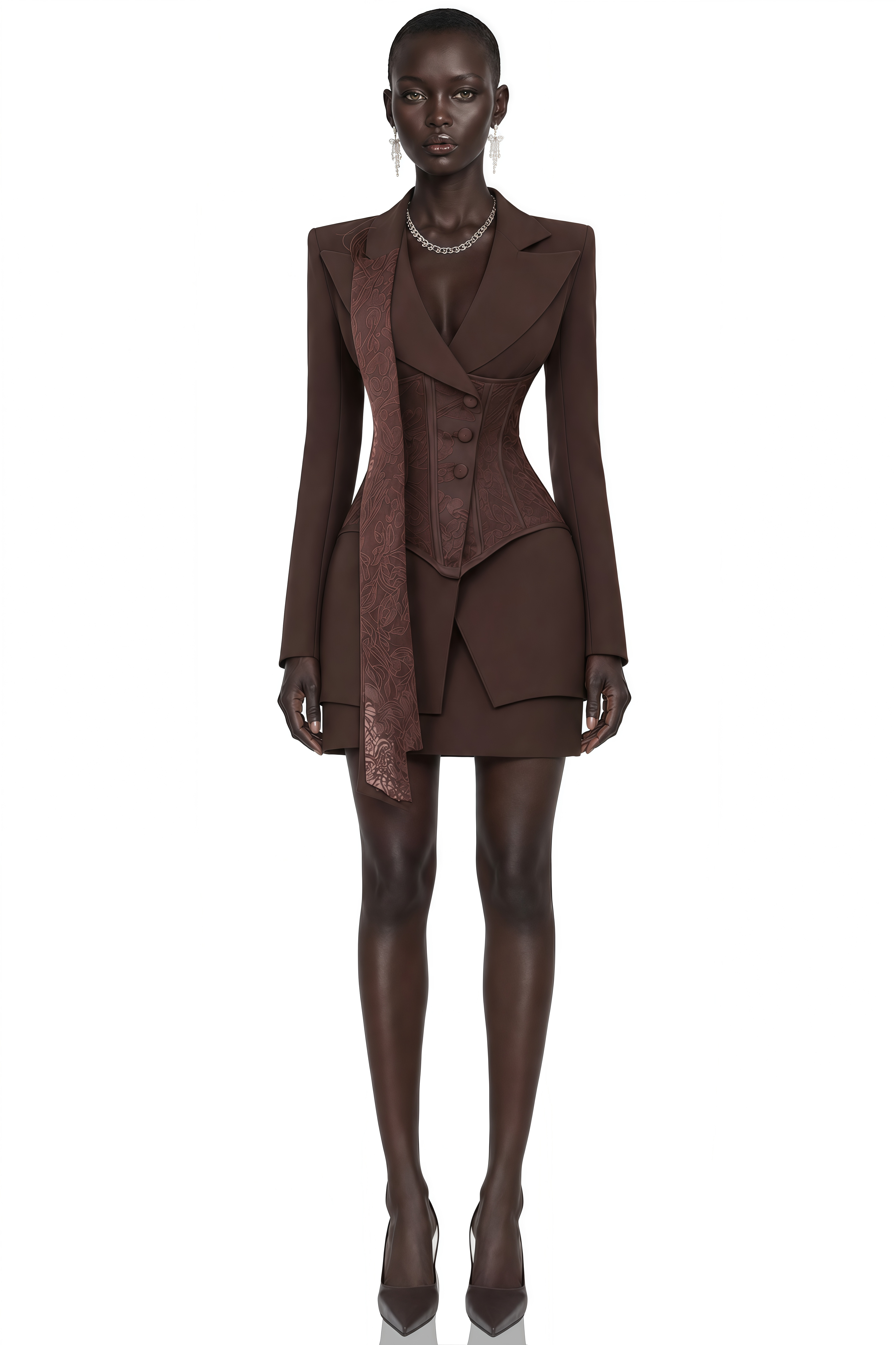 Ensemble blazer et jupe marron Sienna avec empiècements en dentelle