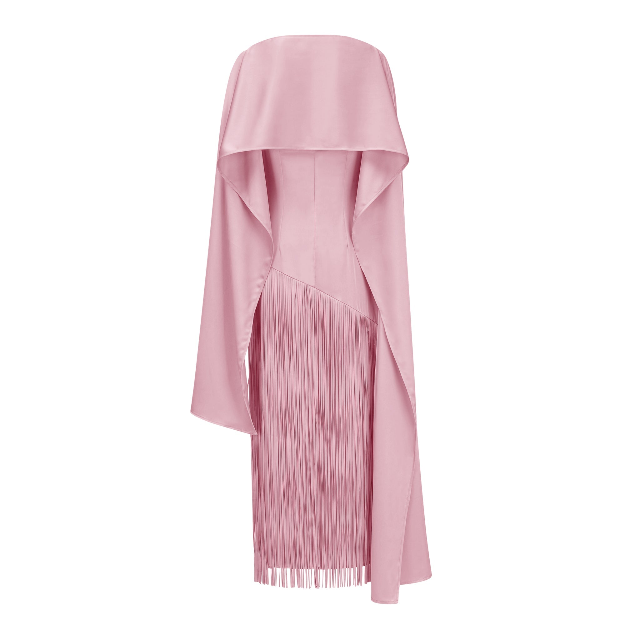 Mauve pink cape-style gown with a long fringed skirt