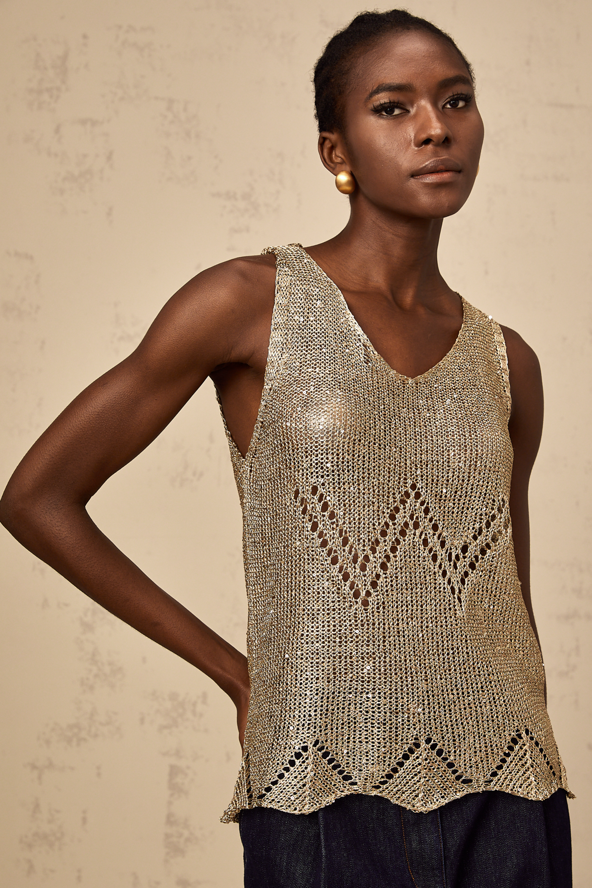 Débardeur en crochet à paillettes dorées Cyrine (Vente définitive - États-Unis uniquement)