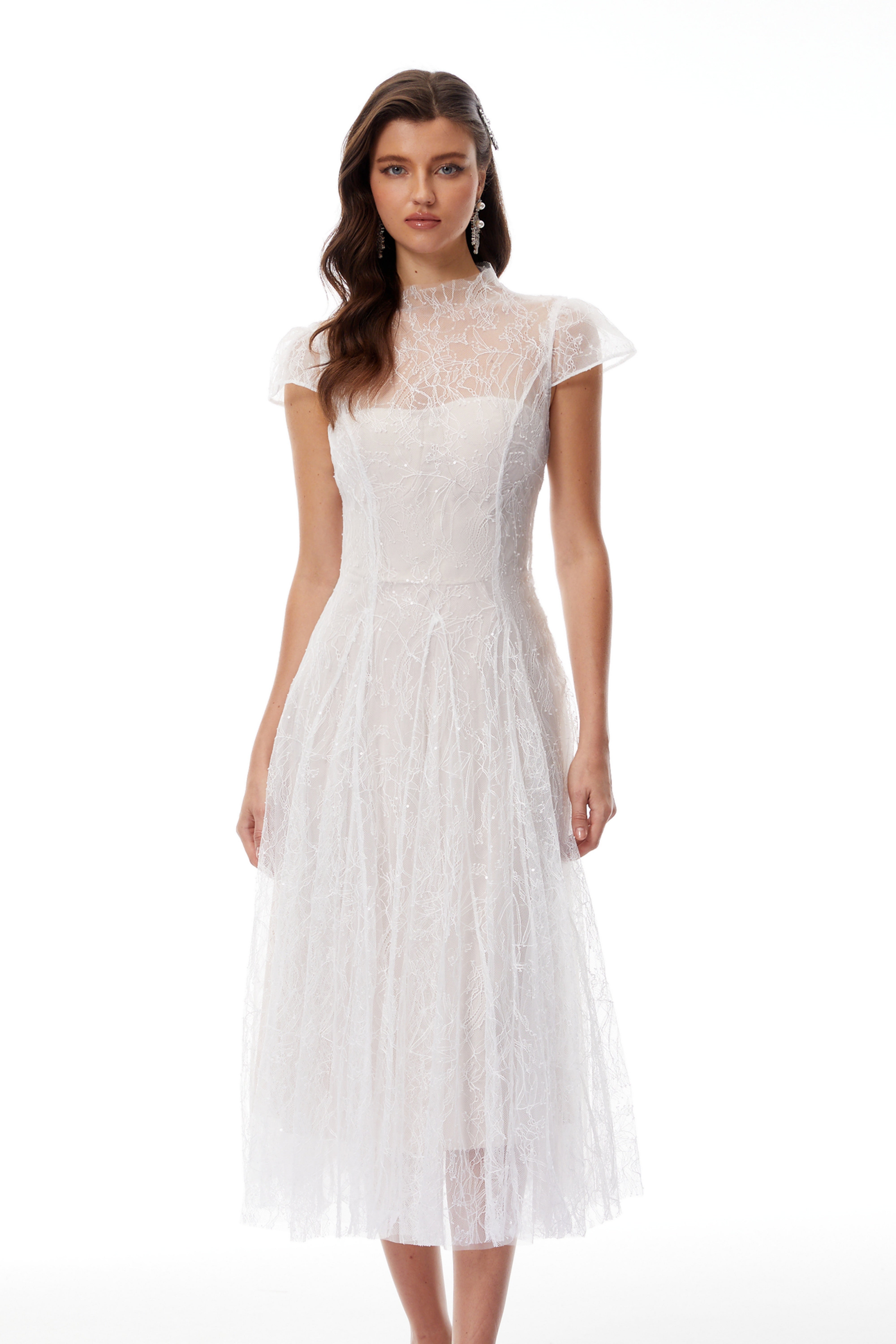 Robe longue Velia en tulle pailleté et dentelle blanche (vente définitive)