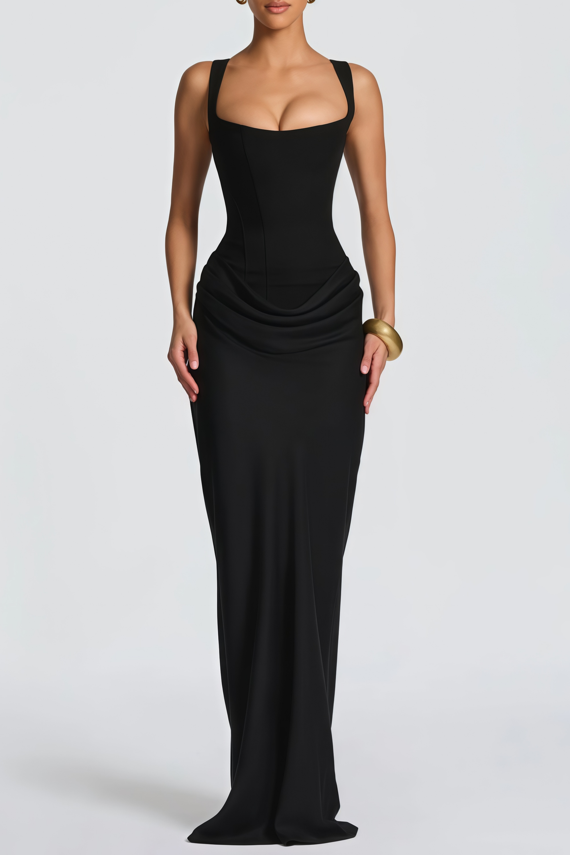 Black sleeveless maxi dress with a corset-style bodice and draped hip detailing