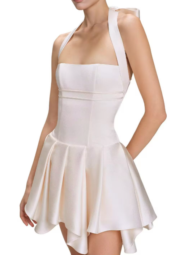 Ata White Halterneck Ruffled Mini Dress (Final Sale)