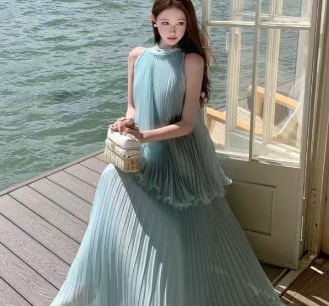 Arohanui Green Pleated Top & Skirt Set (Final Sale-US Only)