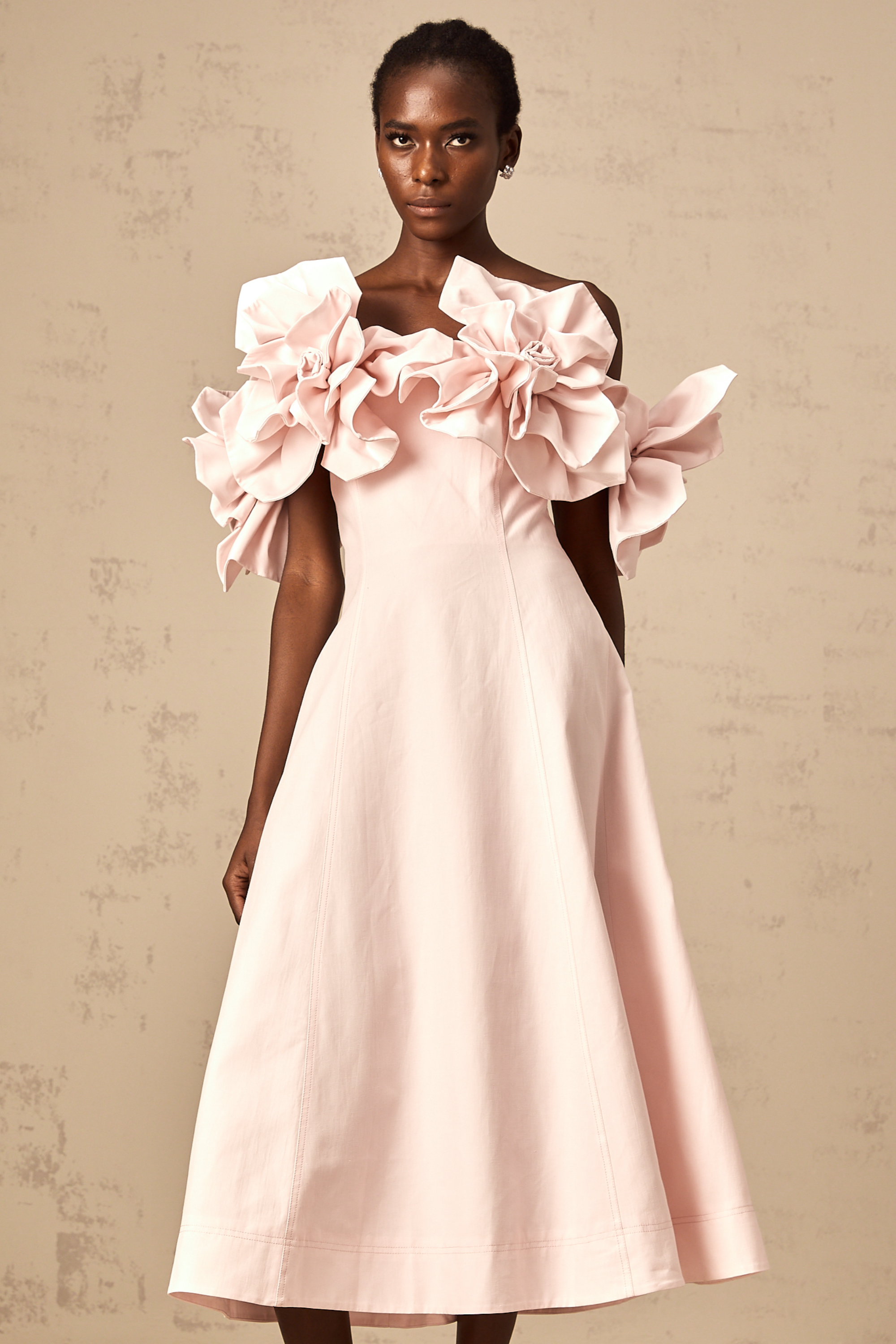 Juliette pink off-shoulder 3D-petal midi dress (Final Sale)
