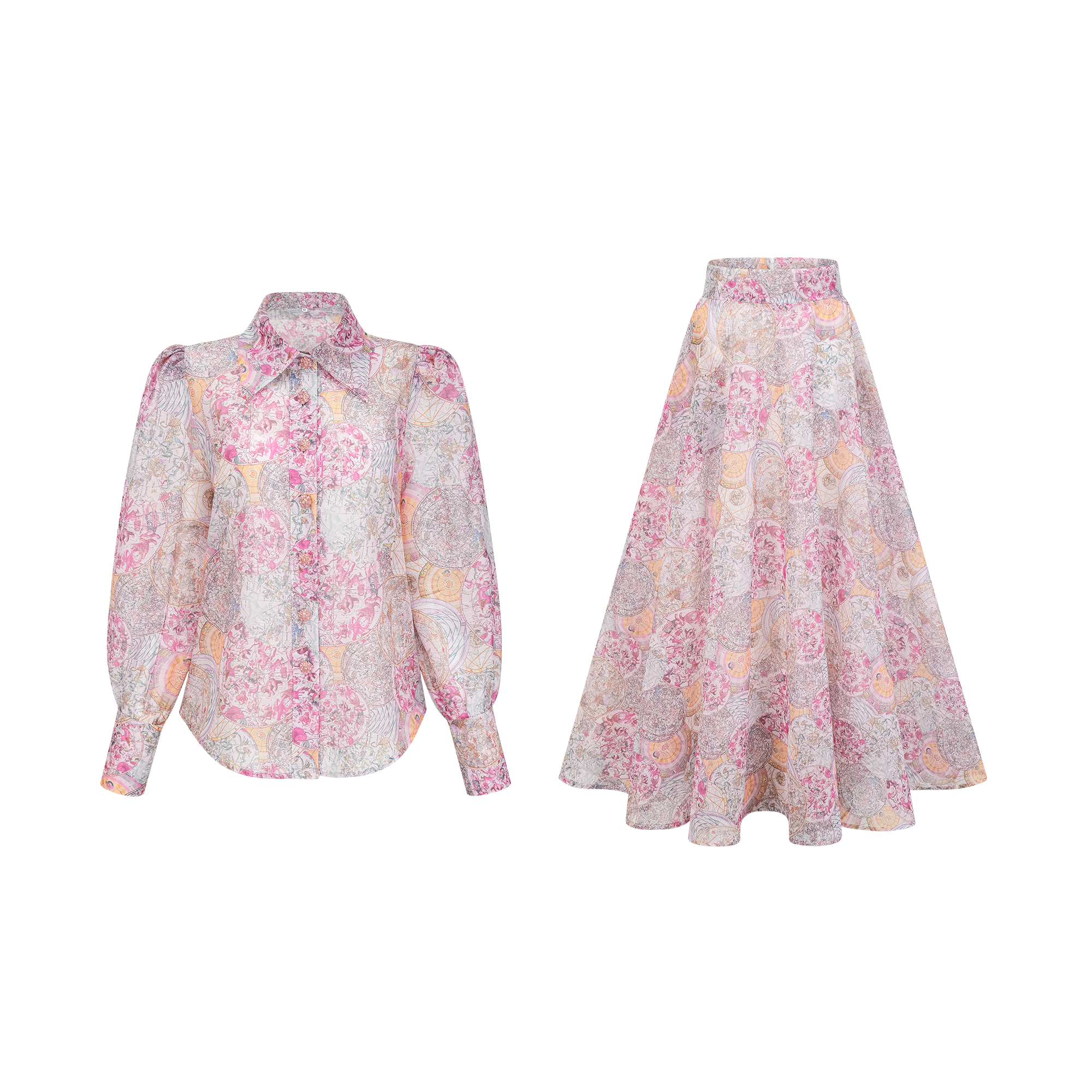 Cherry pink pattern-print shirt & skirt matching set（Final Sale-US Only)