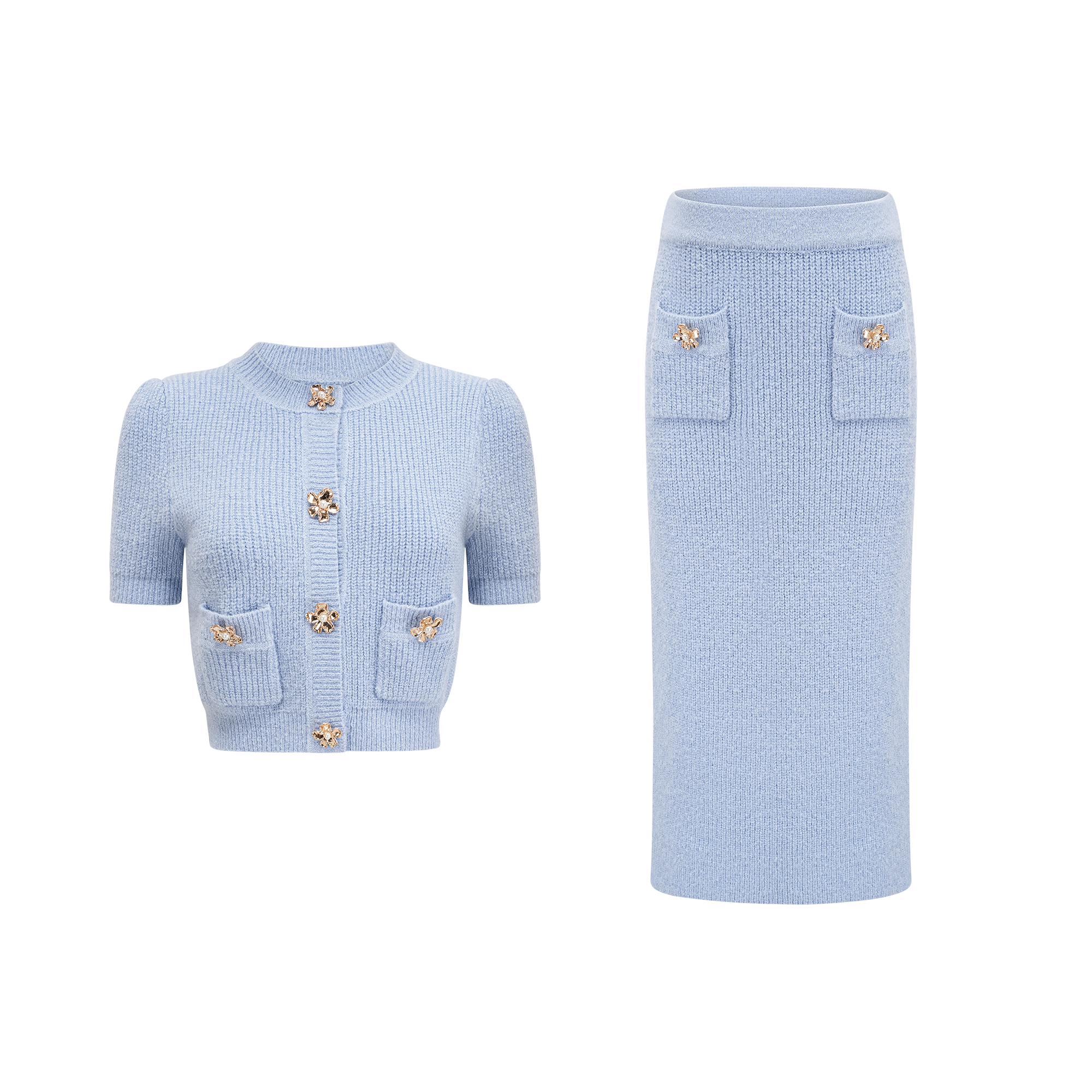 Chantal Blue Knit Two-Piece Blouse and Skirt Set (Final Sale)