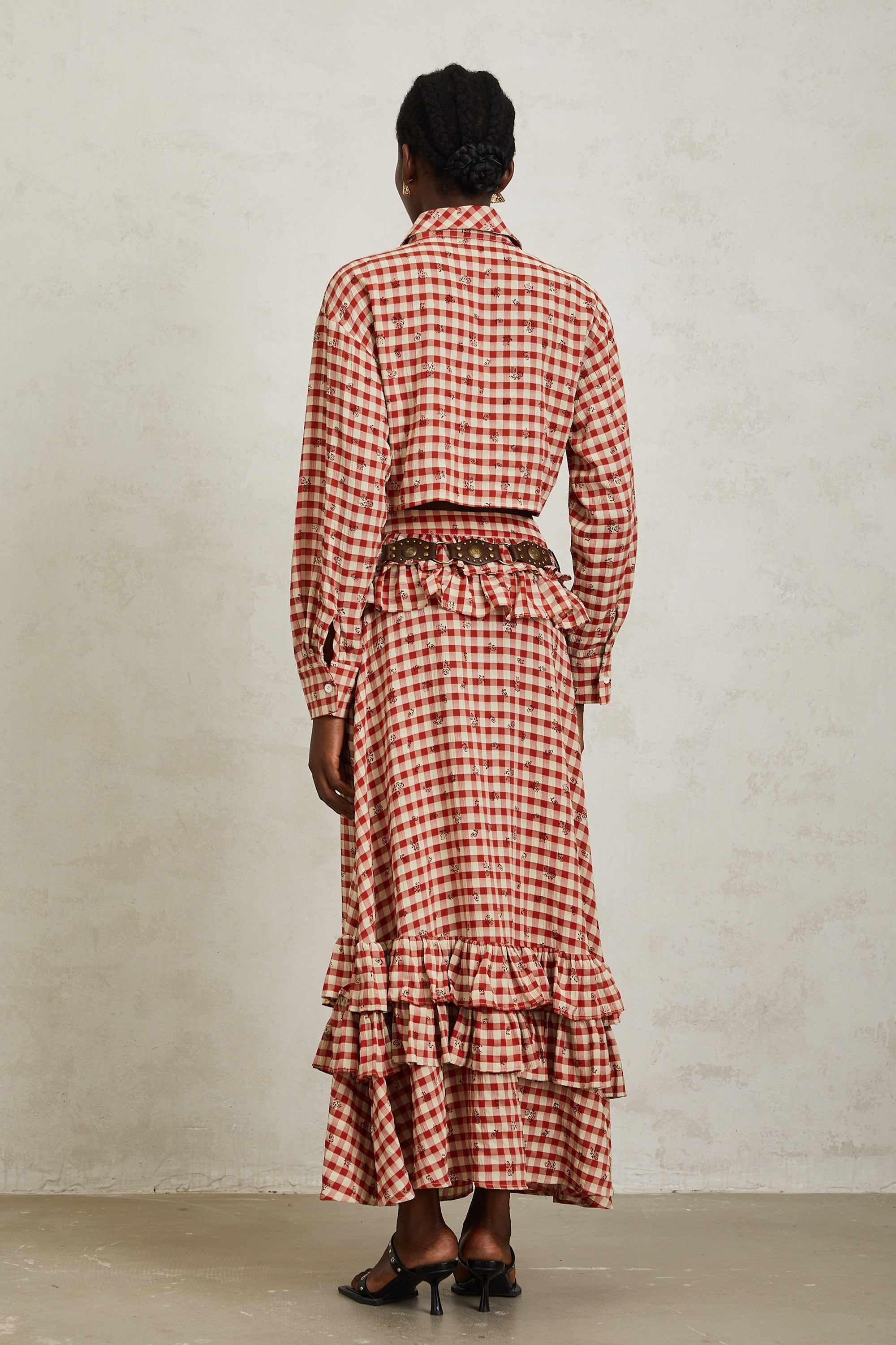 Céline Red Rose Print Plaid Shirt & Skirt Set (Without Belt)