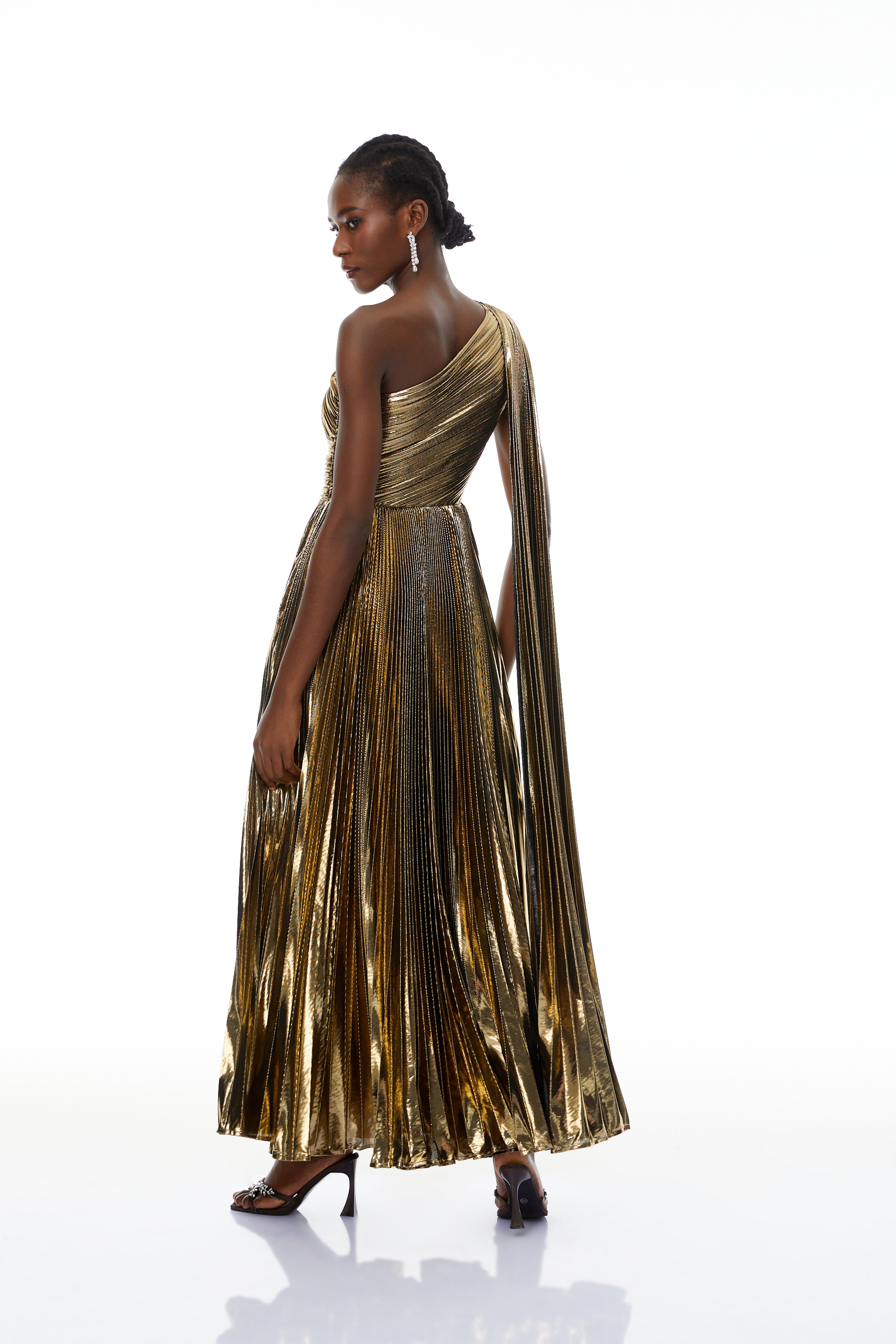 Adrián Gold One Shloulder Ruched Maxi Dress (Final Sale-US Only)