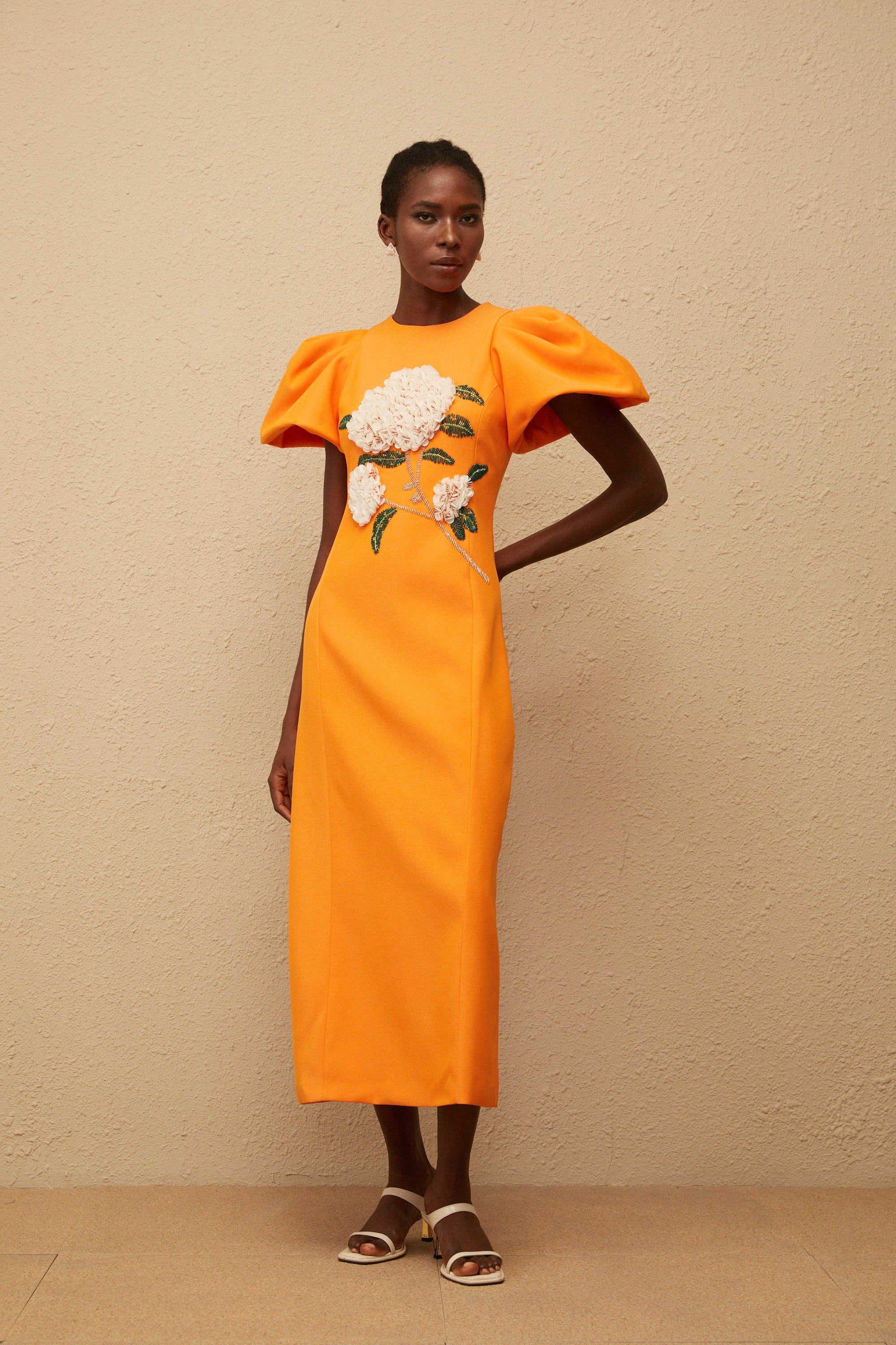 Yrjö Orange Floral Embroidered Midi Dress (Final Sale)