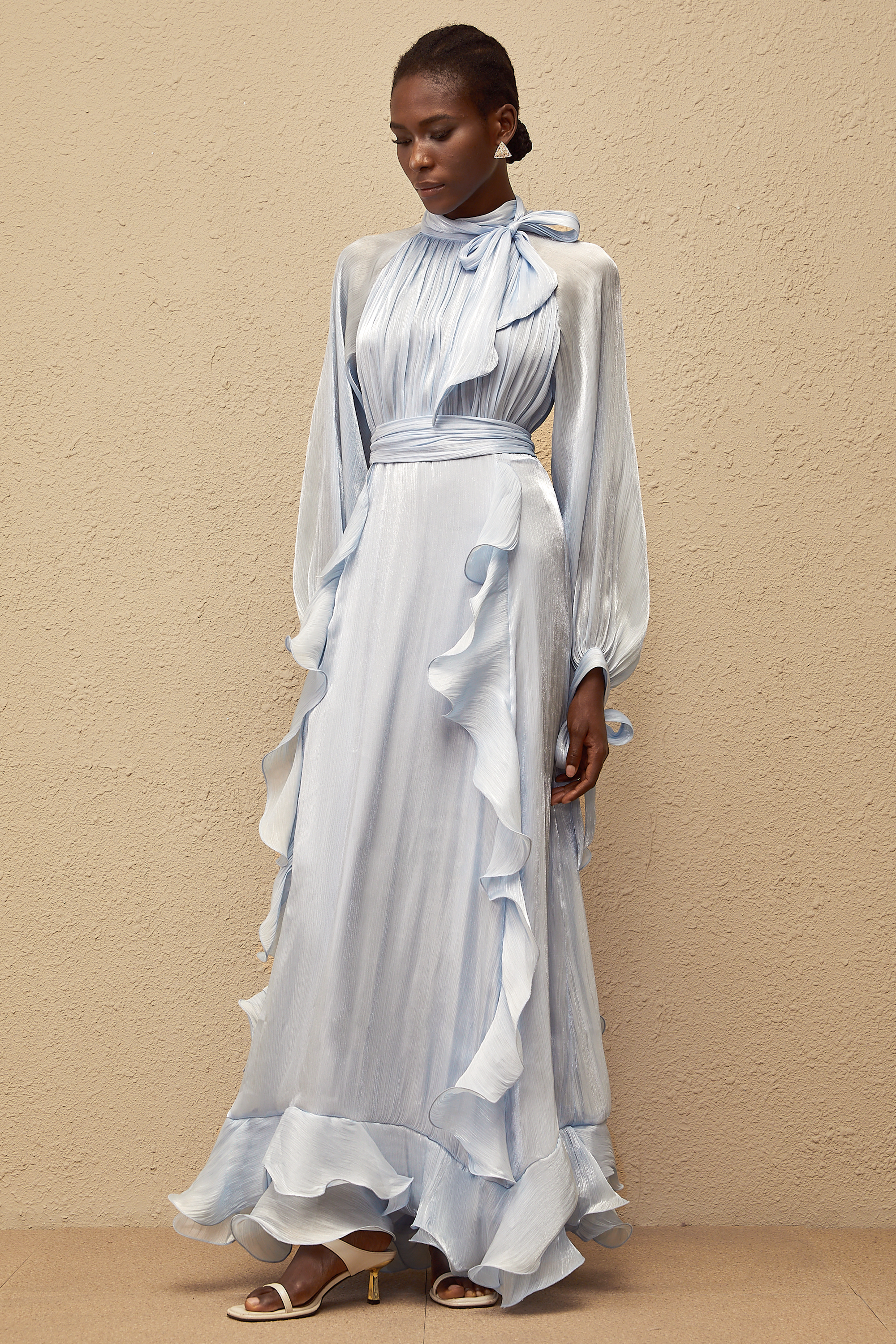 Nanette Blue Glossy Pleated Maxi Dress (Final Sale)