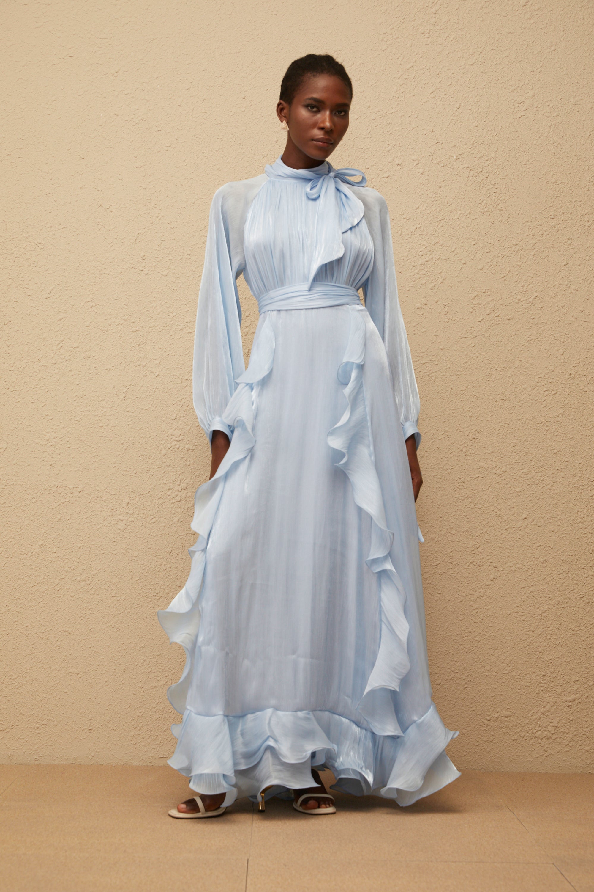 Nanette Blue Glossy Pleated Maxi Dress (Final Sale)