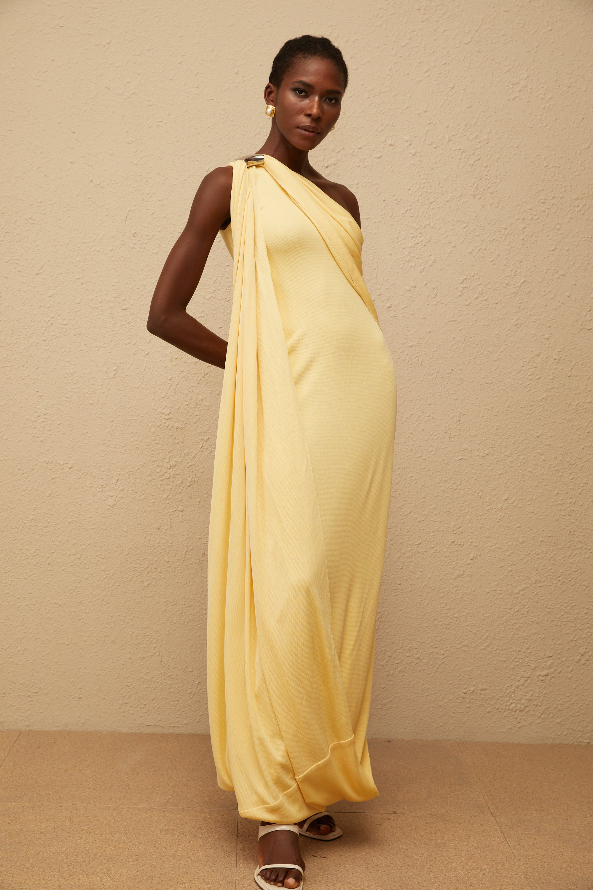 Garance Yellow Draped Asymmetrical Maxi Dress (Final Sale)