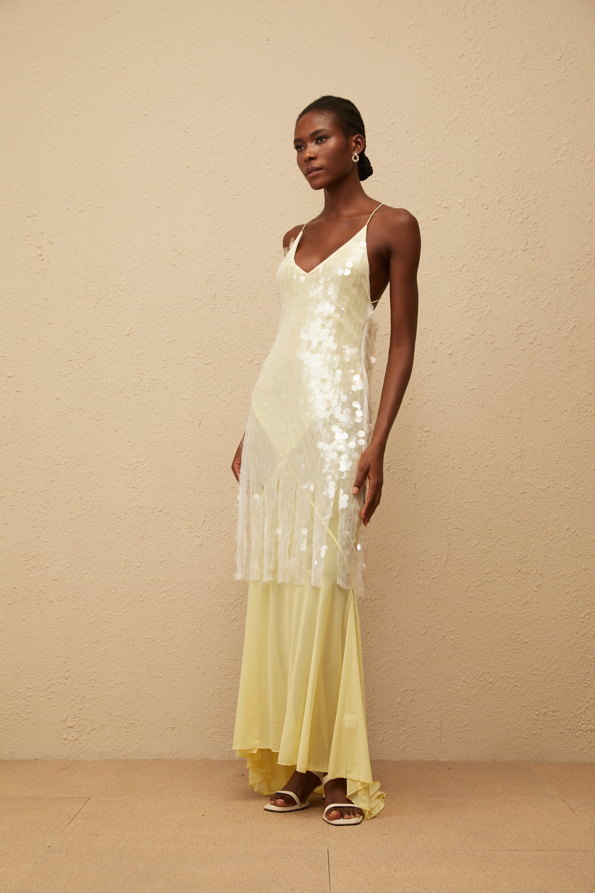 Robe longue en maille à paillettes jaunes Joyau