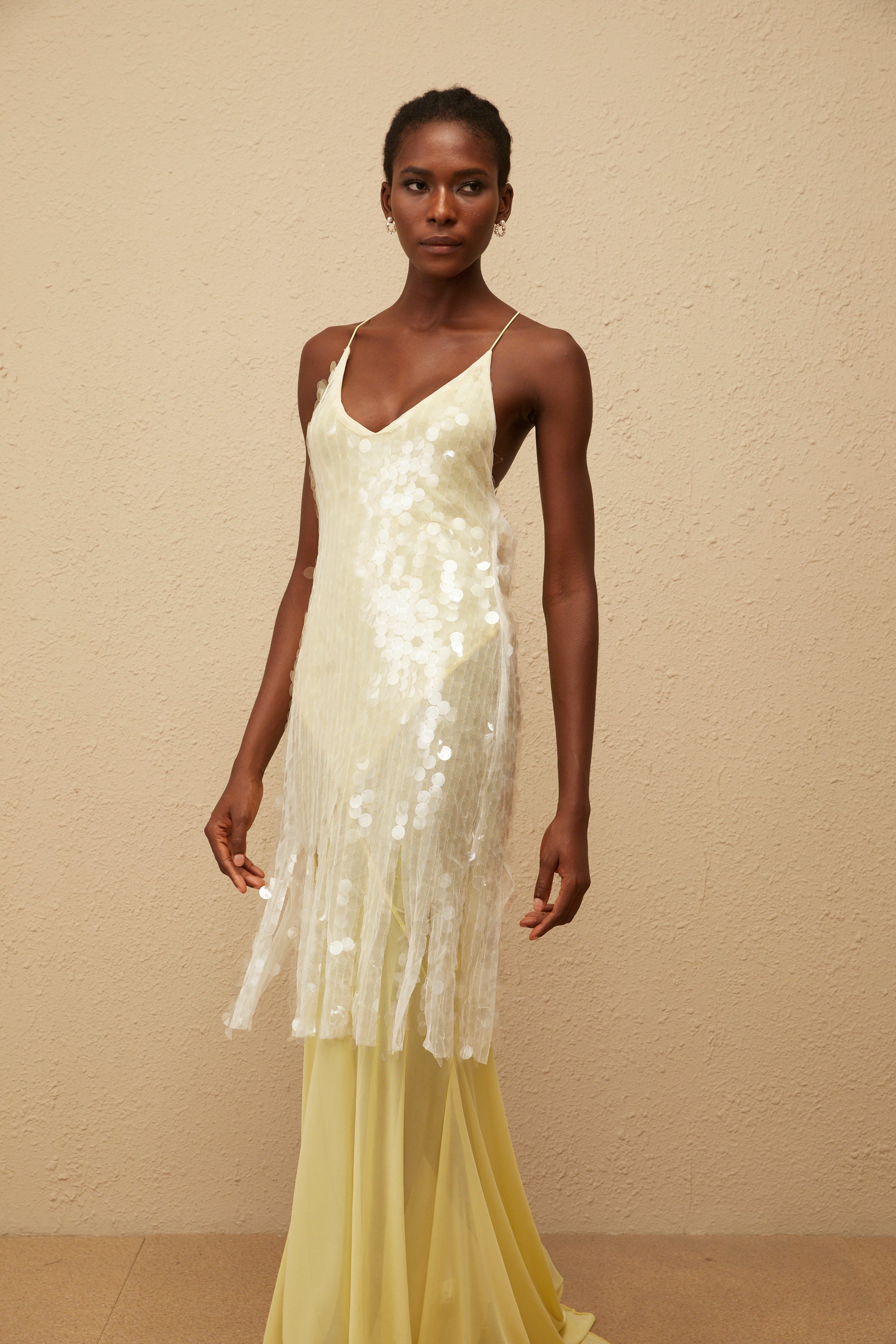 Robe longue en maille à paillettes jaunes Joyau