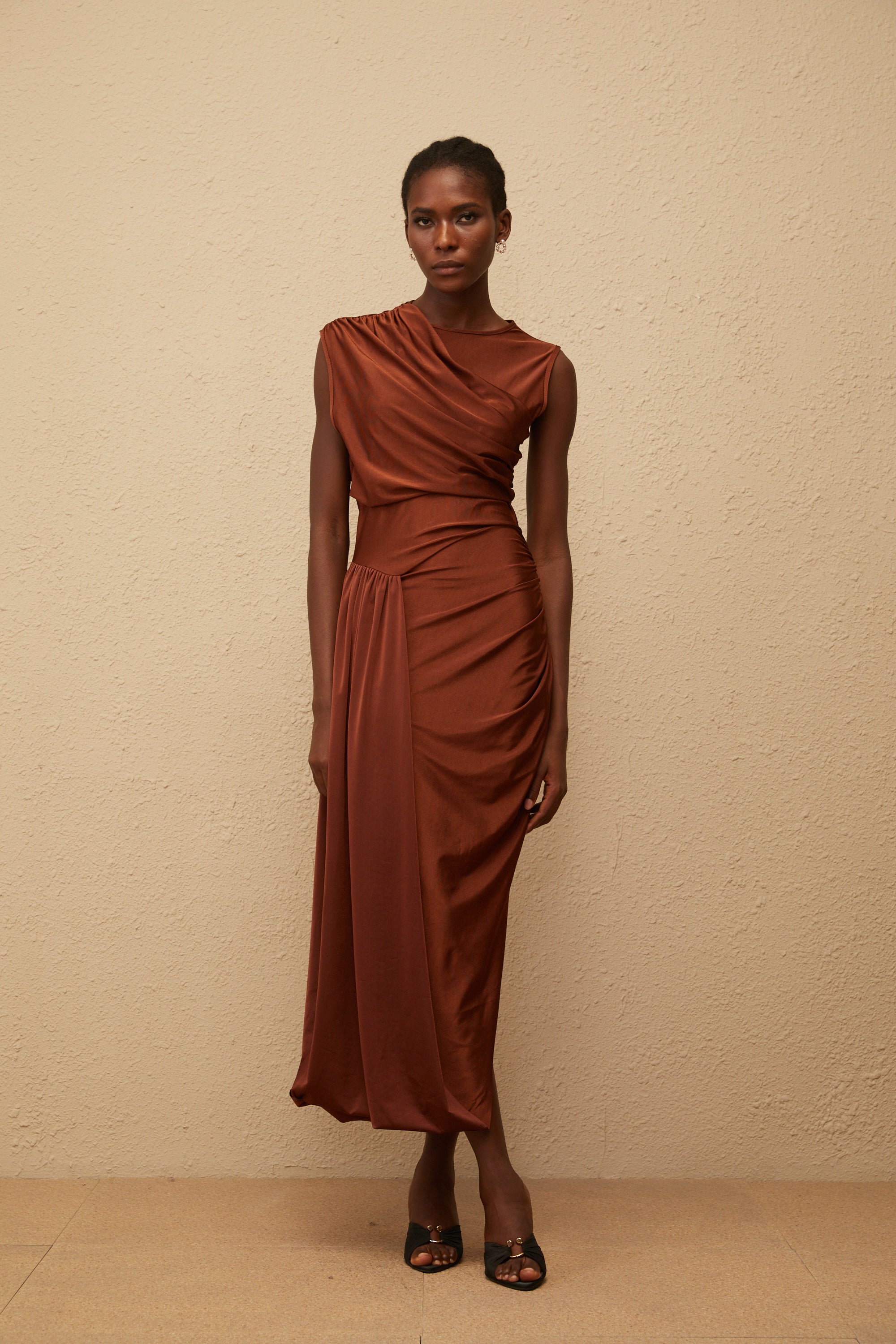 Reine Brown Asymmetrical Ruched Maxi Dress (Final Sale)