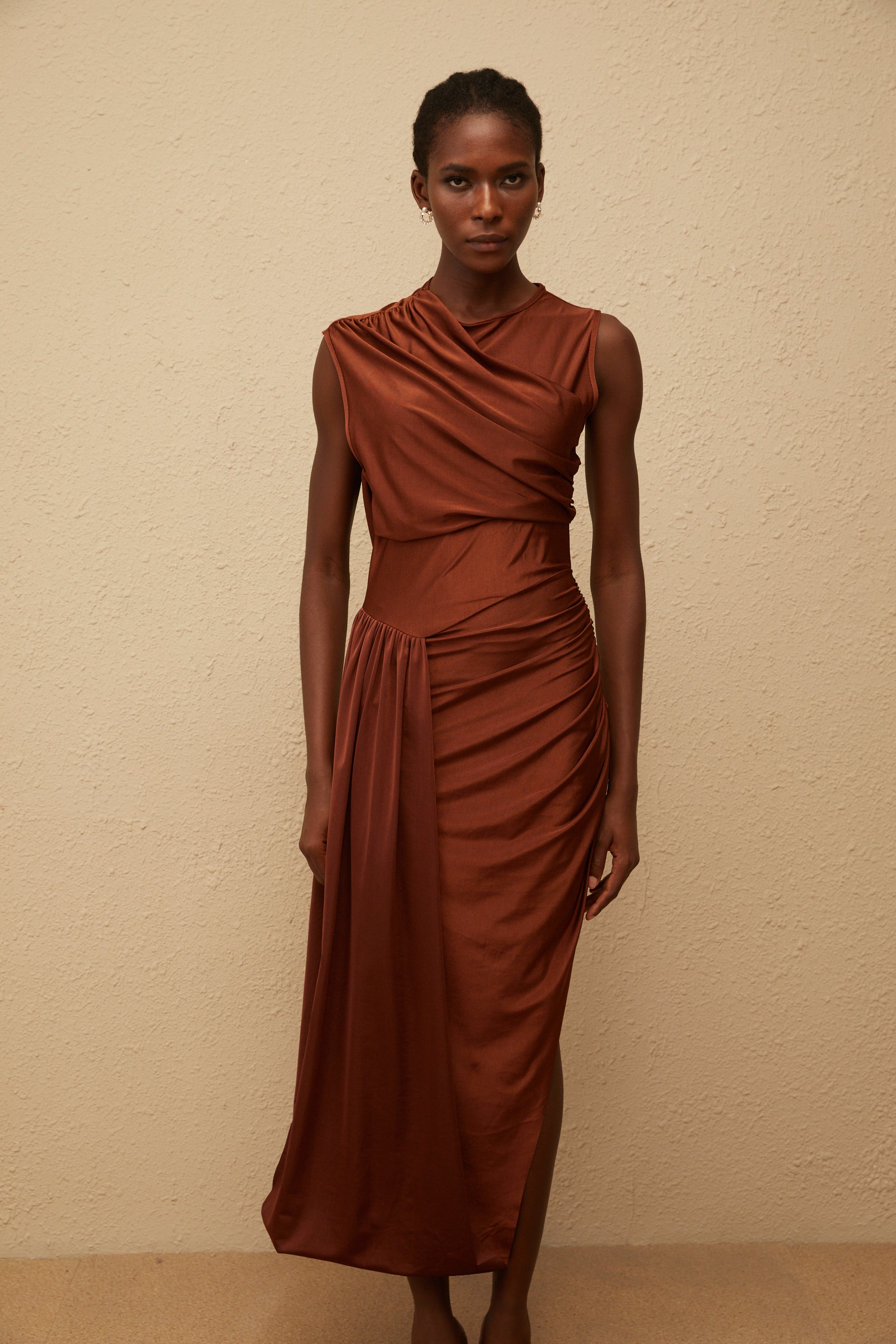 Reine Brown Asymmetrical Ruched Maxi Dress (Final Sale)