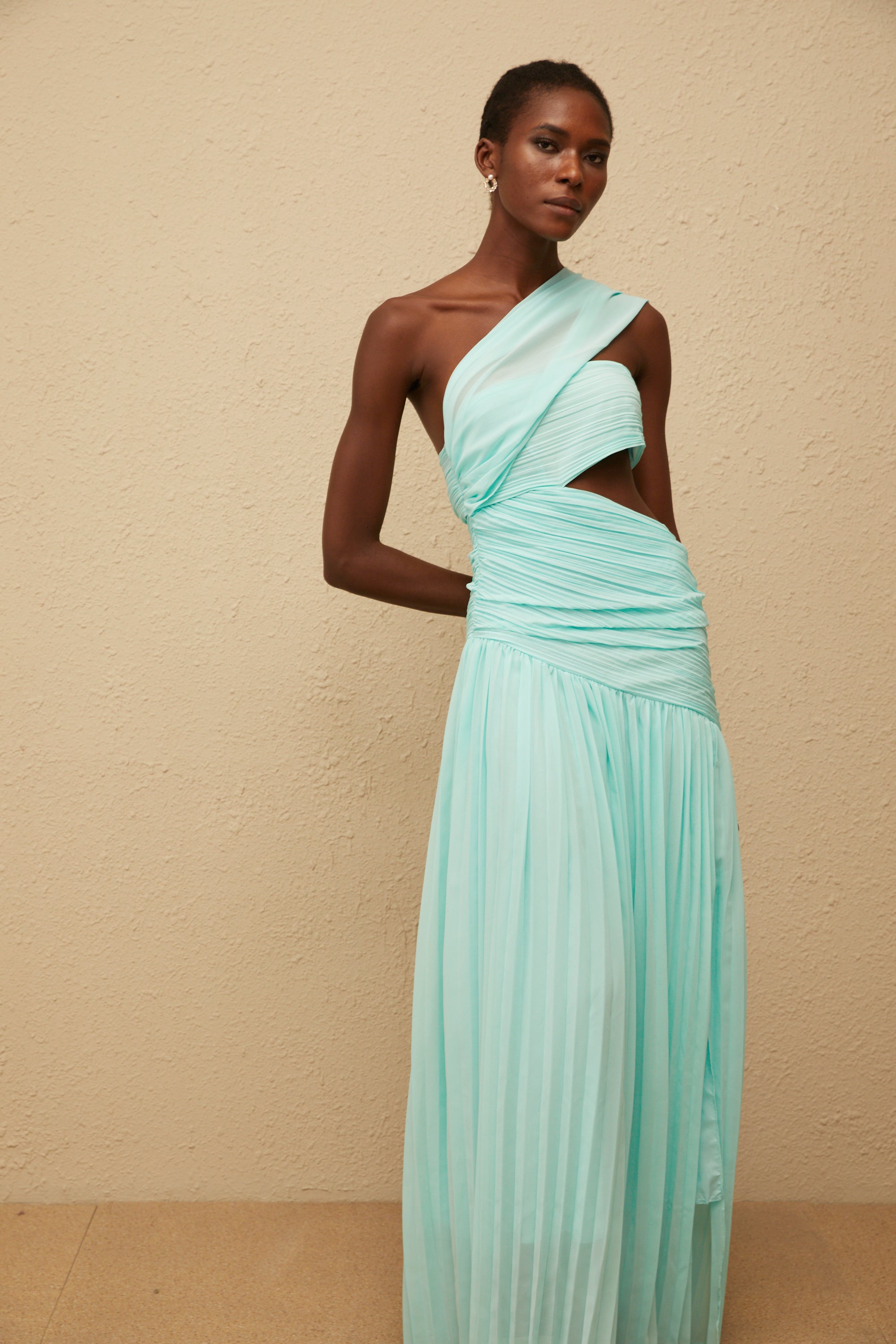 Katerina Mint Green Asymmetrical Pleated Maxi Dress (Final Sale-US Only)