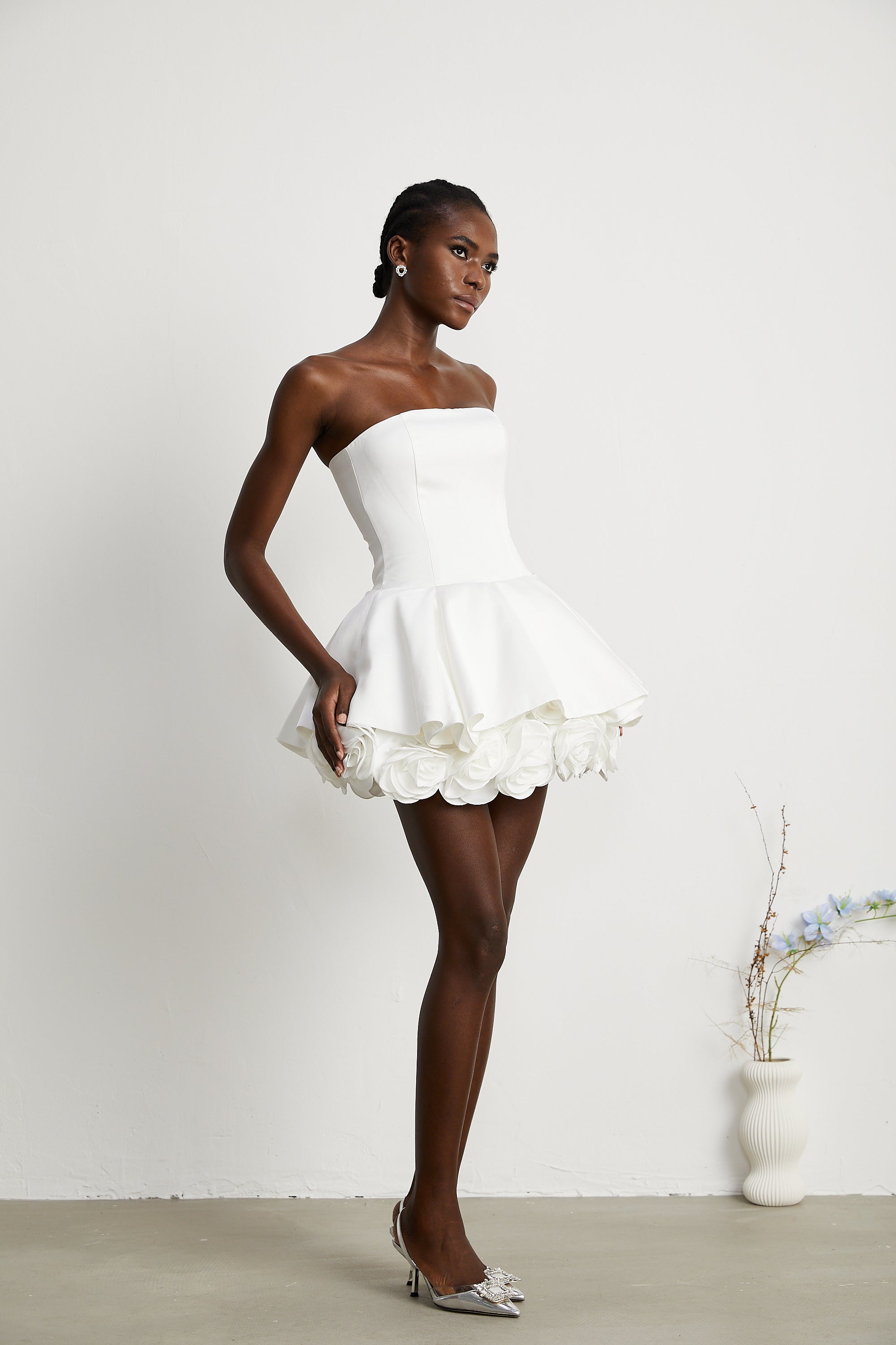Lucie white petal-layered strapless corset mini dress (Final Sale)