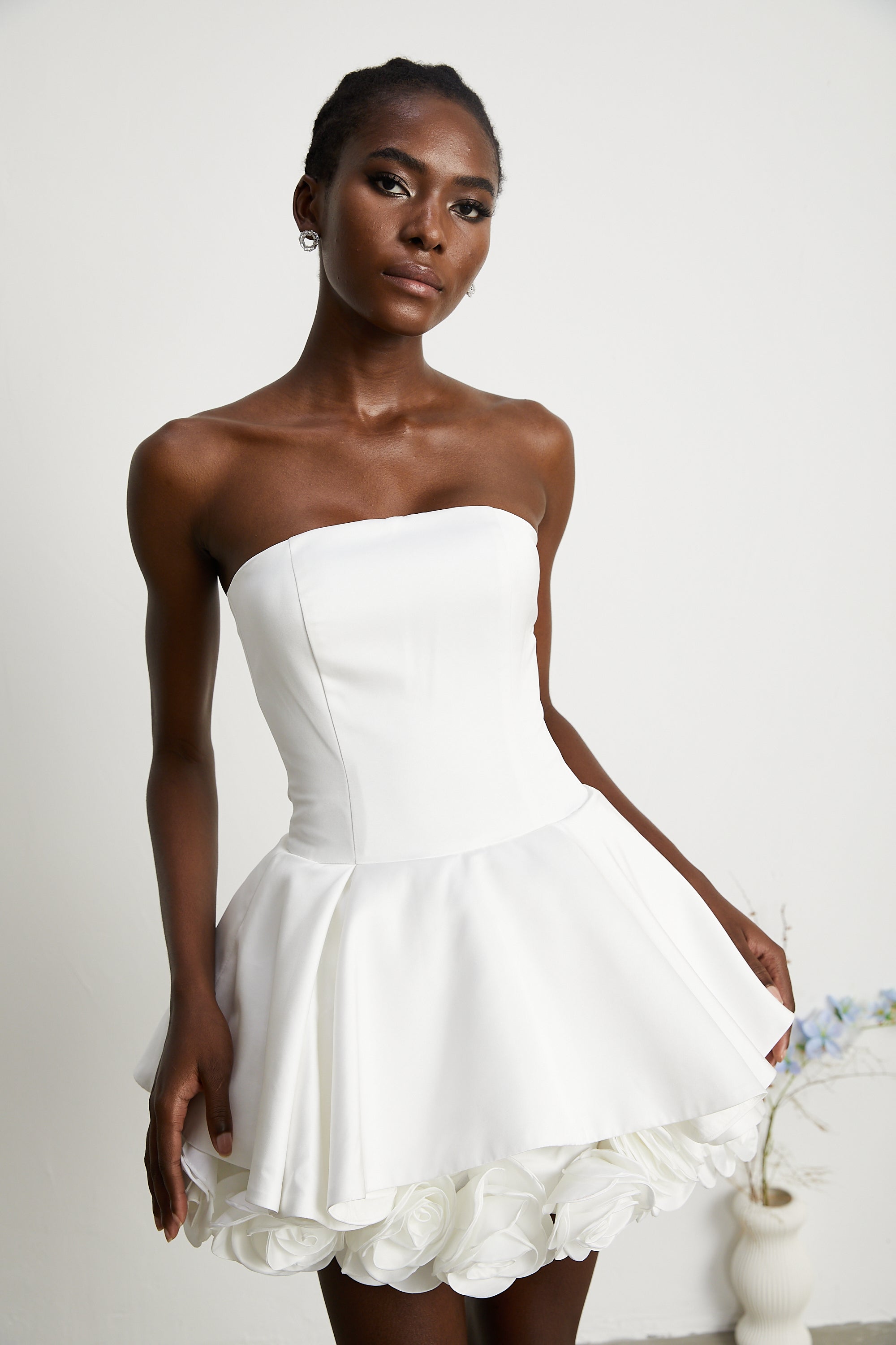 Lucie white petal-layered strapless corset mini dress (Final Sale)